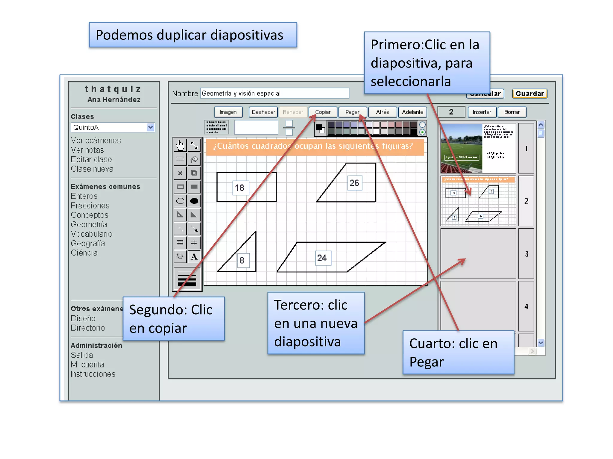 Podemos duplicar diapositivas
                                           Primero:Clic en la
                                           diapositiva, para
                                           seleccionarla




     Segundo: Clic         Tercero: clic
     en copiar             en una nueva
                           diapositiva           Cuarto: clic en
                                                 Pegar
 