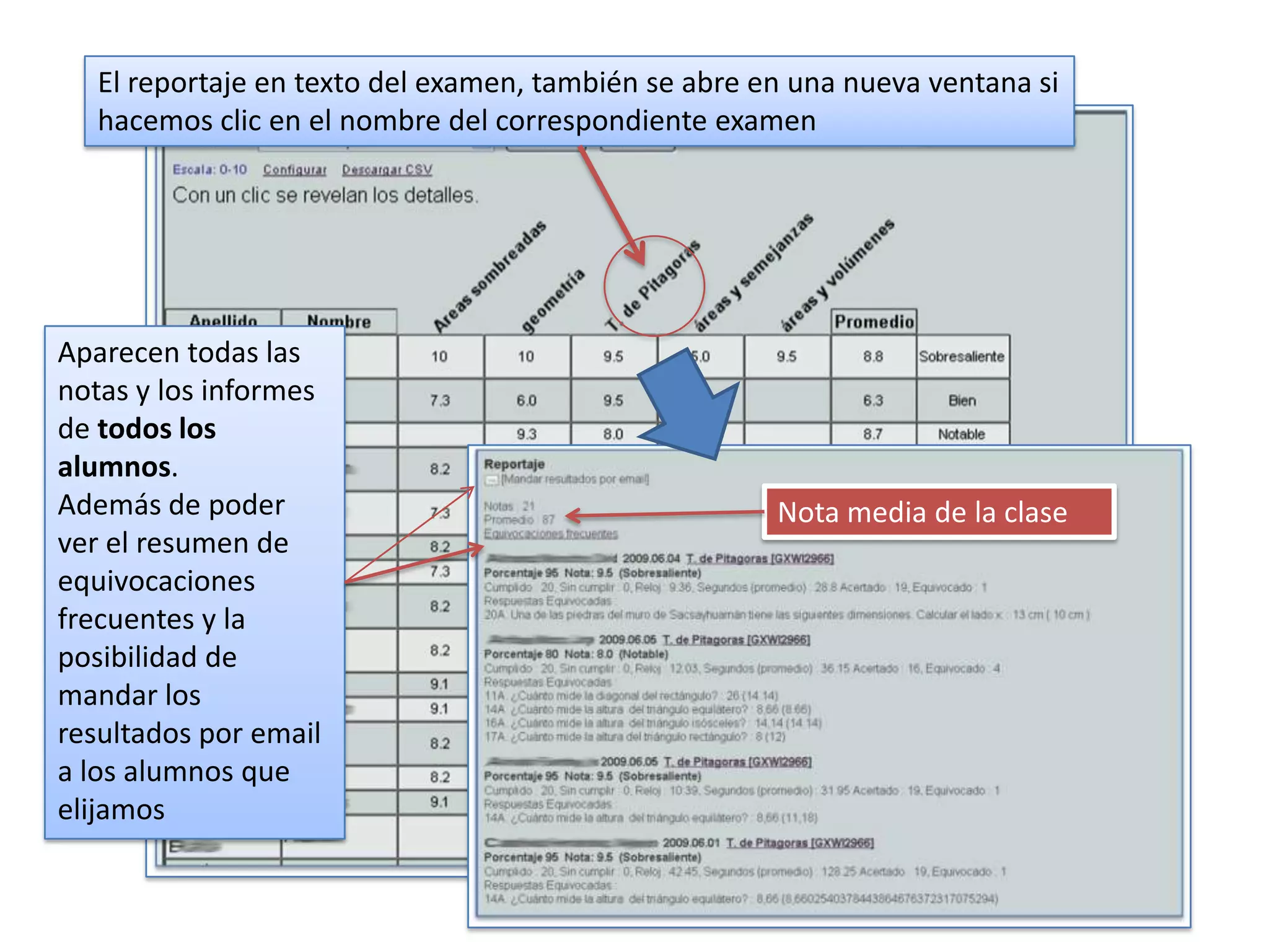 El reportaje en texto del examen, también se abre en una nueva ventana si
   hacemos clic en el nombre del correspondiente examen




Aparecen todas las
notas y los informes
de todos los
alumnos.
Además de poder                                       Nota media de la clase
ver el resumen de
equivocaciones
frecuentes y la
posibilidad de
mandar los
resultados por email
a los alumnos que
elijamos
 