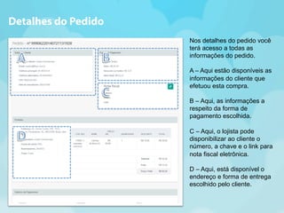 Nos detalhes do pedido você 
terá acesso a todas as 
informações do pedido. 
A – Aqui estão disponíveis as 
informações do cliente que 
efetuou esta compra. 
B – Aqui, as informações a 
respeito da forma de 
pagamento escolhida. 
C – Aqui, o lojista pode 
disponibilizar ao cliente o 
número, a chave e o link para 
nota fiscal eletrônica. 
D – Aqui, está disponível o 
endereço e forma de entrega 
escolhido pelo cliente. 
Detalhes do Pedido 
 