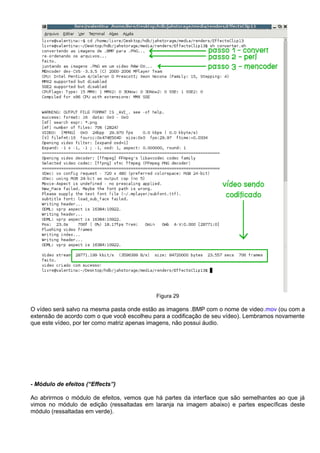 Figura 29
O vídeo será salvo na mesma pasta onde estão as imagens .BMP com o nome de video.mov (ou com a
extensão de acordo com o que você escolheu para a codificação de seu vídeo). Lembramos novamente
que este vídeo, por ter como matriz apenas imagens, não possui áudio.
- Módulo de efeitos (“Effects”)
Ao abrirmos o módulo de efeitos, vemos que há partes da interface que são semelhantes ao que já
vimos no módulo de edição (ressaltadas em laranja na imagem abaixo) e partes específicas deste
módulo (ressaltadas em verde).
 