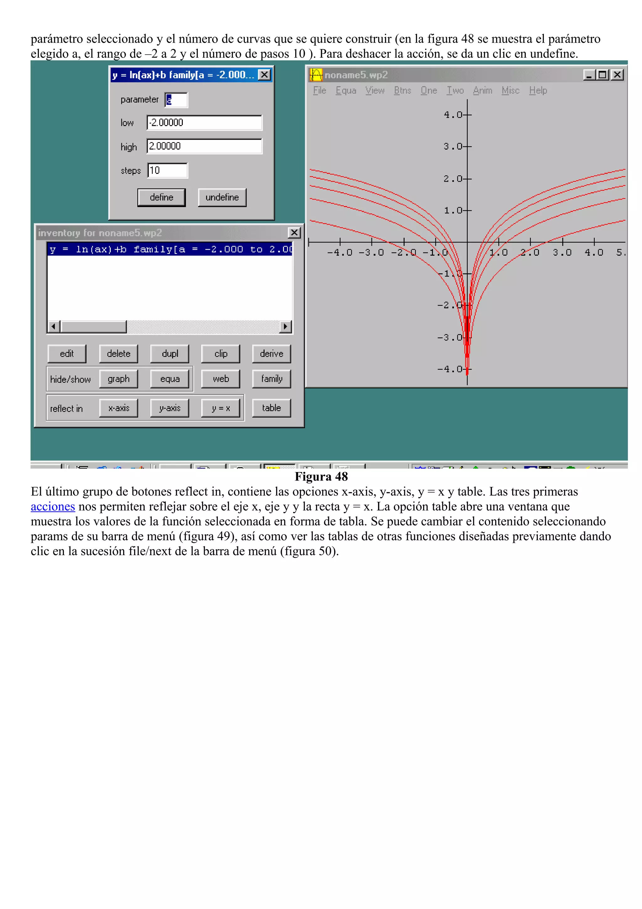 parámetro seleccionado y el número de curvas que se quiere construir (en la figura 48 se muestra el parámetro
elegido a, el rango de –2 a 2 y el número de pasos 10 ). Para deshacer la acción, se da un clic en undefine.
Figura 48
El último grupo de botones reflect in, contiene las opciones x-axis, y-axis, y = x y table. Las tres primeras
acciones nos permiten reflejar sobre el eje x, eje y y la recta y = x. La opción table abre una ventana que
muestra los valores de la función seleccionada en forma de tabla. Se puede cambiar el contenido seleccionando
params de su barra de menú (figura 49), así como ver las tablas de otras funciones diseñadas previamente dando
clic en la sucesión file/next de la barra de menú (figura 50).
 