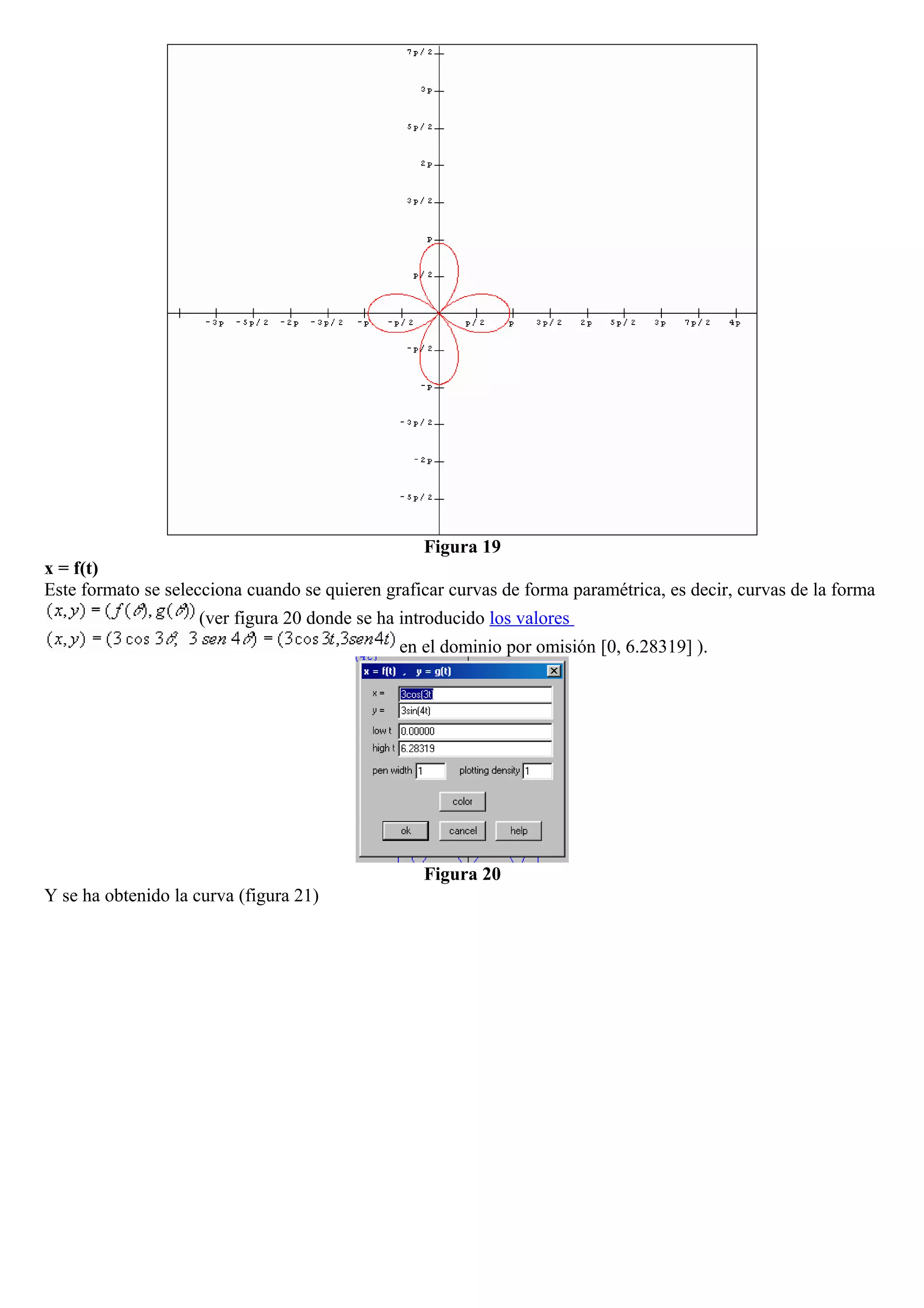Figura 19
x = f(t)
Este formato se selecciona cuando se quieren graficar curvas de forma paramétrica, es decir, curvas de la forma
(ver figura 20 donde se ha introducido los valores
en el dominio por omisión [0, 6.28319] ).
Figura 20
Y se ha obtenido la curva (figura 21)
 