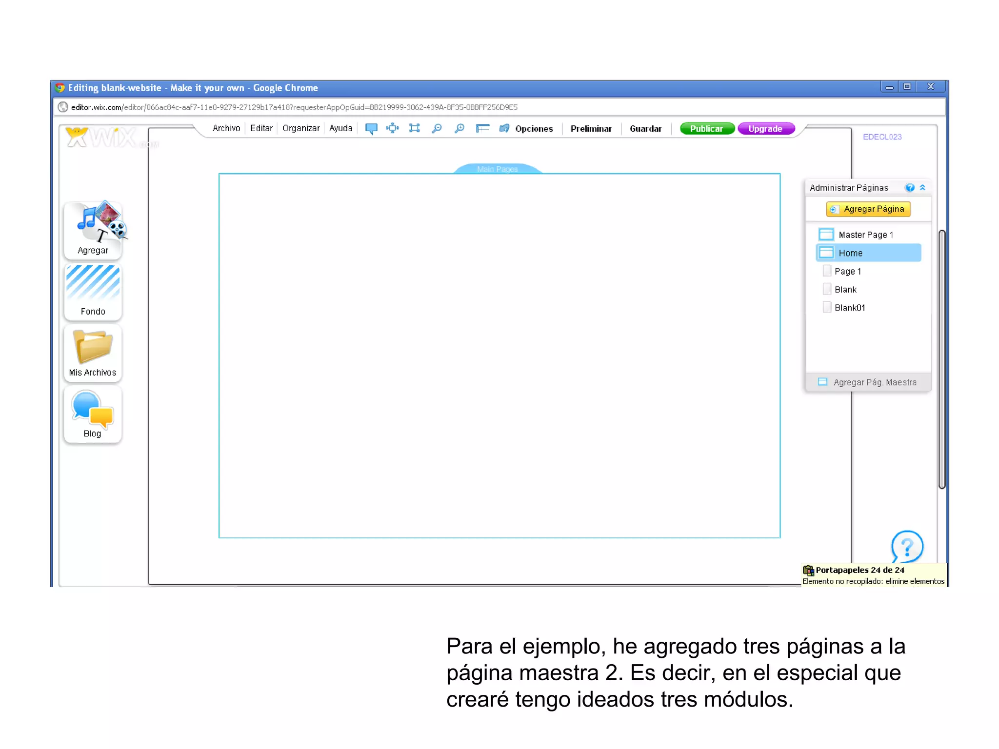 Para el ejemplo, he agregado tres páginas a la
página maestra 2. Es decir, en el especial que
crearé tengo ideados tres módulos.
 