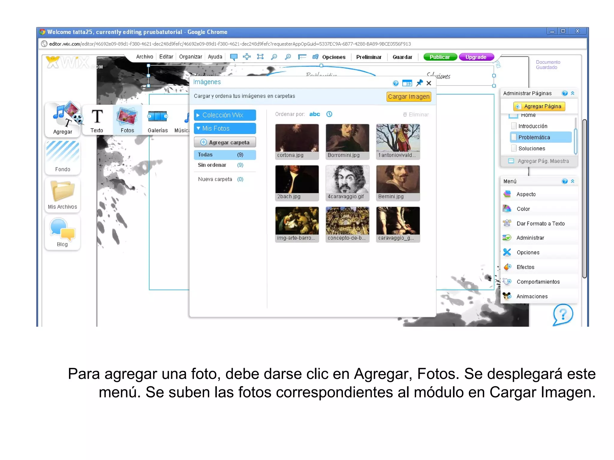 Para agregar una foto, debe darse clic en Agregar, Fotos. Se desplegará este
    menú. Se suben las fotos correspondientes al módulo en Cargar Imagen.
 