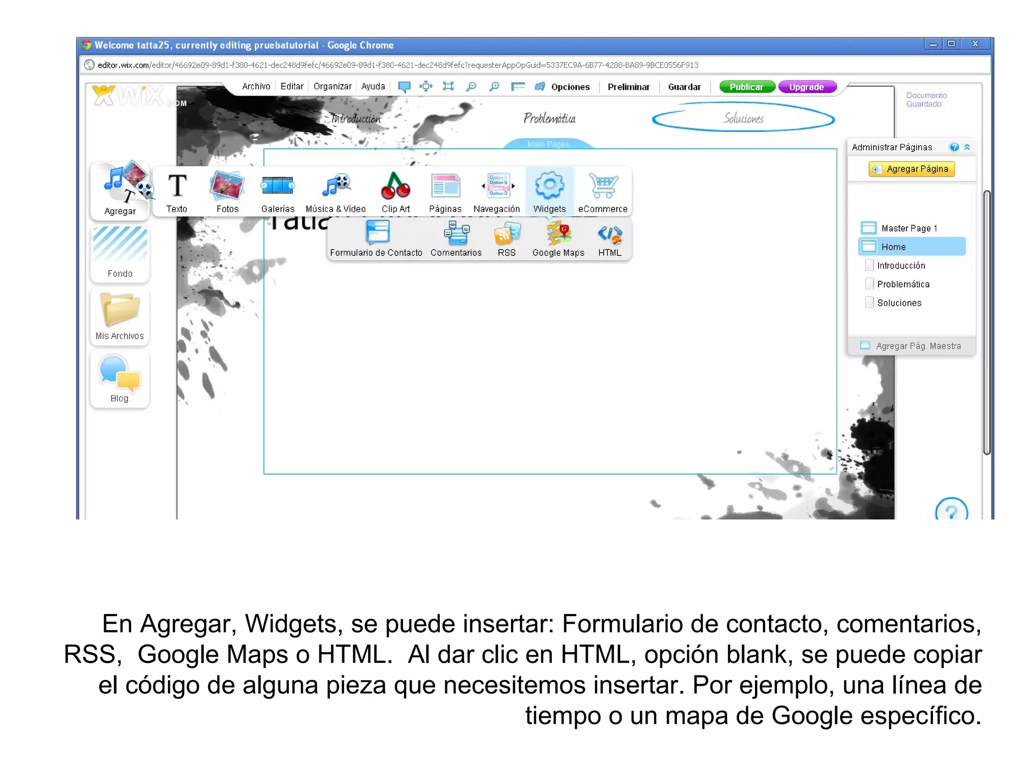 En Agregar, Widgets, se puede insertar: Formulario de contacto, comentarios,
RSS, Google Maps o HTML. Al dar clic en HTML, opción blank, se puede copiar
  el código de alguna pieza que necesitemos insertar. Por ejemplo, una línea de
                                       tiempo o un mapa de Google específico.
 