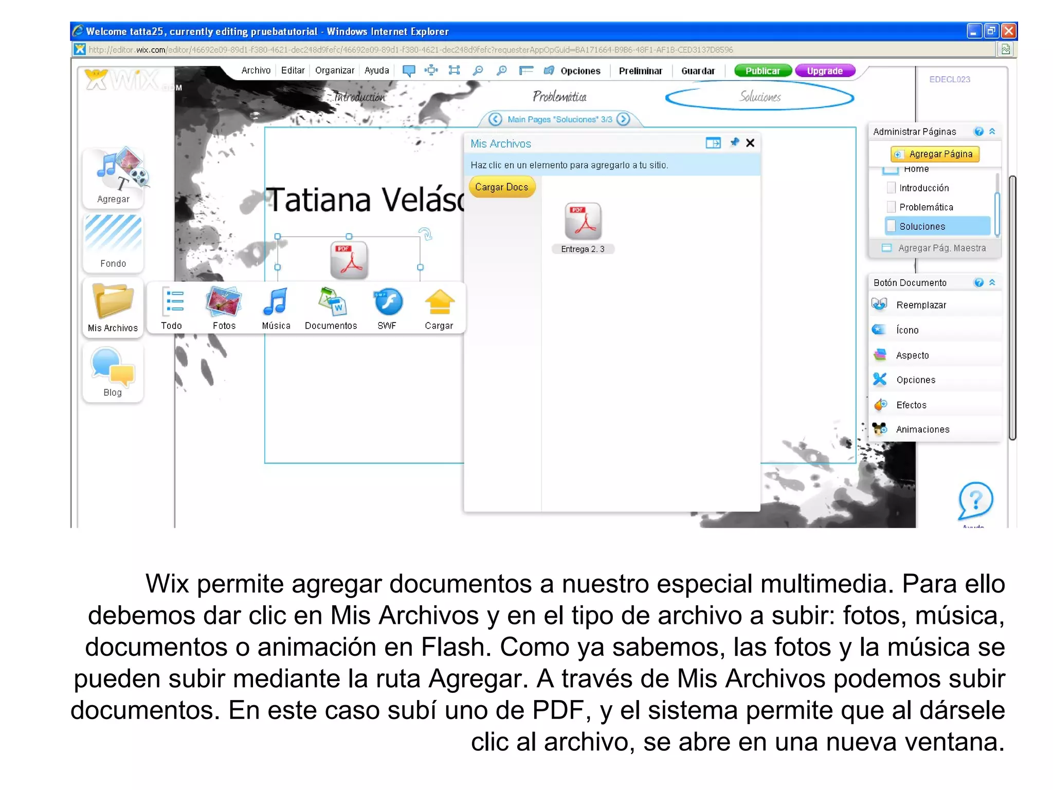 Wix permite agregar documentos a nuestro especial multimedia. Para ello
 debemos dar clic en Mis Archivos y en el tipo de archivo a subir: fotos, música,
 documentos o animación en Flash. Como ya sabemos, las fotos y la música se
pueden subir mediante la ruta Agregar. A través de Mis Archivos podemos subir
documentos. En este caso subí uno de PDF, y el sistema permite que al dársele
                                 clic al archivo, se abre en una nueva ventana.
 