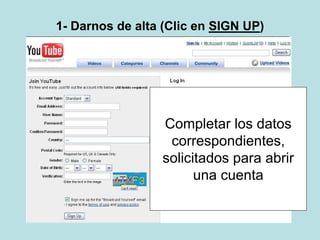 1- Darnos de alta (Clic en SIGN UP)
Completar los datos
correspondientes,
solicitados para abrir
una cuenta
 