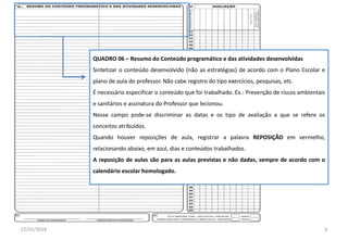 QUADRO 06 – Resumo do Conteúdo programático e das atividades desenvolvidas
Sintetizar o conteúdo desenvolvido (não as estratégias) de acordo com o Plano Escolar e
plano de aula do professor. Não cabe registro do tipo exercícios, pesquisas, etc.
É necessário especificar o conteúdo que foi trabalhado. Ex.: Prevenção de riscos ambientais
e sanitários e assinatura do Professor que lecionou.
Nesse campo pode-se discriminar as datas e os tipo de avaliação a que se refere os
conceitos atribuídos.
Quando houver reposições de aula, registrar a palavra REPOSIÇÃO em vermelho,
relacionando abaixo, em azul, dias e conteúdos trabalhados.
A reposição de aulas são para as aulas previstas e não dadas, sempre de acordo com o
calendário escolar homologado.
22/01/2018 6
 