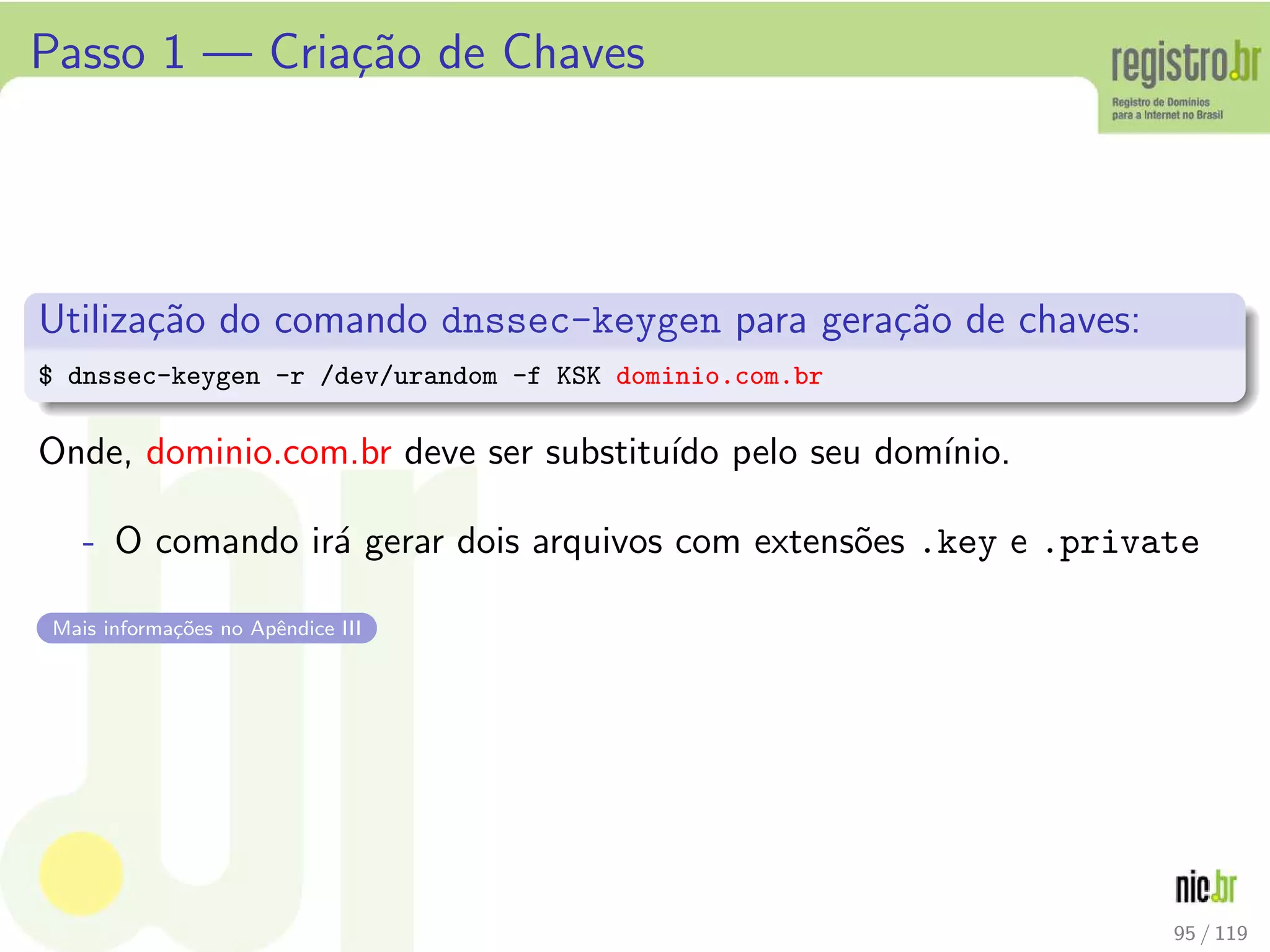 Passo 1 — Cria¸c˜ao de Chaves
Utiliza¸c˜ao do comando dnssec-keygen para gera¸c˜ao de chaves:
$ dnssec-keygen -r /dev/urandom -f KSK dominio.com.br
Onde, dominio.com.br deve ser substitu´ıdo pelo seu dom´ınio.
- O comando ir´a gerar dois arquivos com extens˜oes .key e .private
Mais informa¸c˜oes no Apˆendice III
95 / 119
 