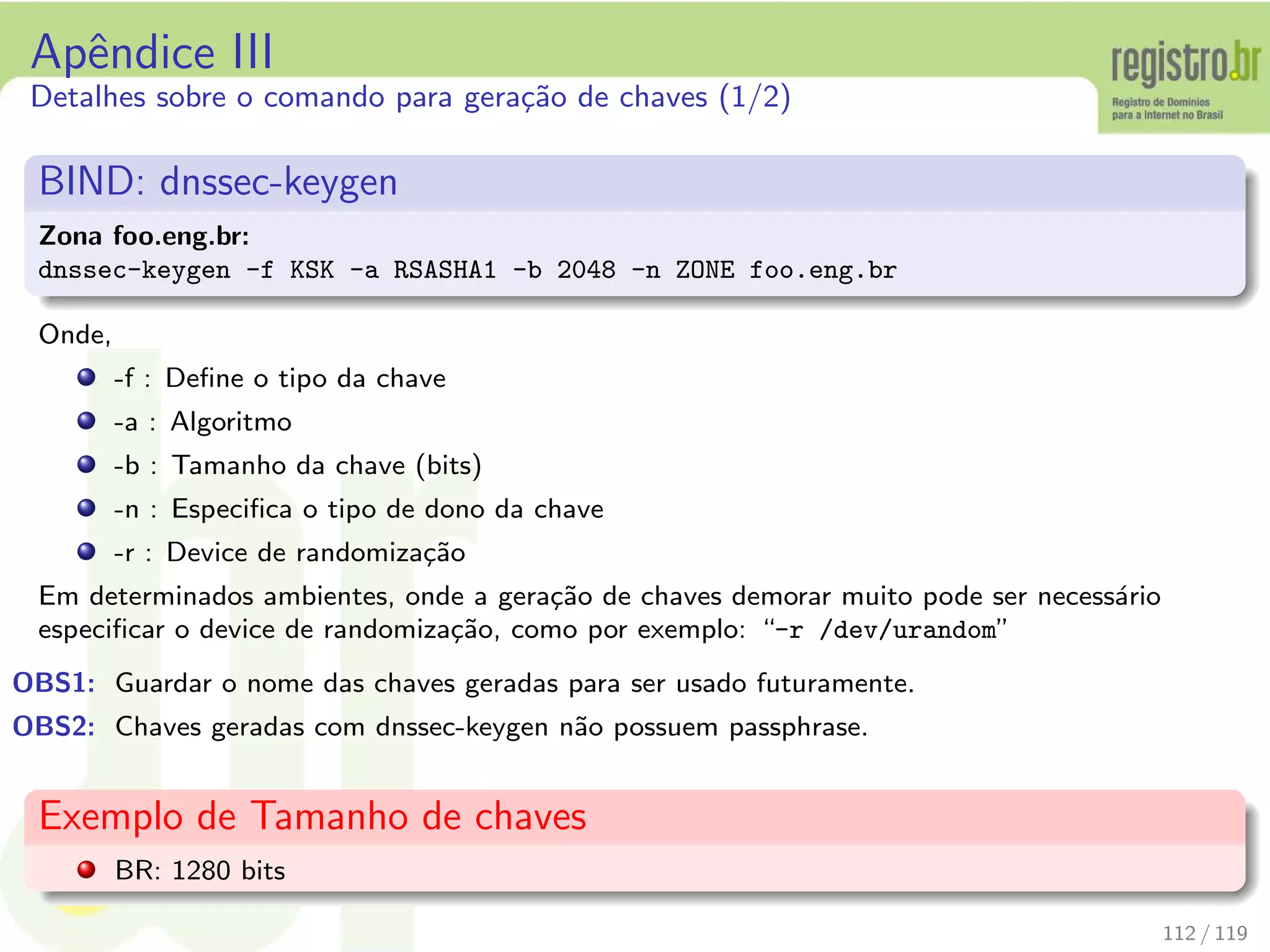 Apˆendice III
Detalhes sobre o comando para gera¸c˜ao de chaves (1/2)
BIND: dnssec-keygen
Zona foo.eng.br:
dnssec-keygen -f KSK -a RSASHA1 -b 2048 -n ZONE foo.eng.br
Onde,
-f : Deﬁne o tipo da chave
-a : Algoritmo
-b : Tamanho da chave (bits)
-n : Especiﬁca o tipo de dono da chave
-r : Device de randomiza¸c˜ao
Em determinados ambientes, onde a gera¸c˜ao de chaves demorar muito pode ser necess´ario
especiﬁcar o device de randomiza¸c˜ao, como por exemplo: “-r /dev/urandom”
OBS1: Guardar o nome das chaves geradas para ser usado futuramente.
OBS2: Chaves geradas com dnssec-keygen n˜ao possuem passphrase.
Exemplo de Tamanho de chaves
BR: 1280 bits
112 / 119
 