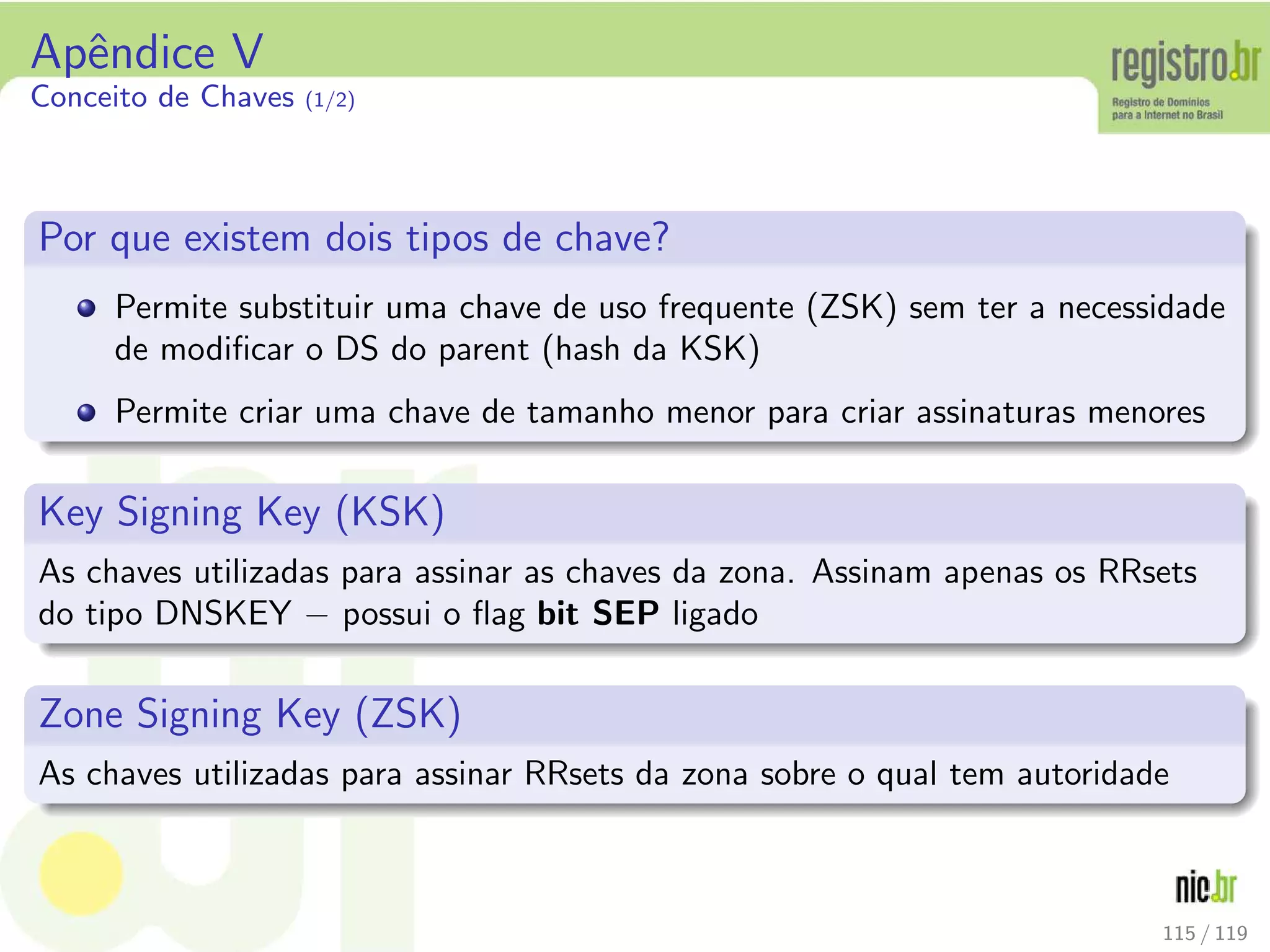 Apˆendice V
Conceito de Chaves (1/2)
Por que existem dois tipos de chave?
Permite substituir uma chave de uso frequente (ZSK) sem ter a necessidade
de modiﬁcar o DS do parent (hash da KSK)
Permite criar uma chave de tamanho menor para criar assinaturas menores
Key Signing Key (KSK)
As chaves utilizadas para assinar as chaves da zona. Assinam apenas os RRsets
do tipo DNSKEY − possui o ﬂag bit SEP ligado
Zone Signing Key (ZSK)
As chaves utilizadas para assinar RRsets da zona sobre o qual tem autoridade
115 / 119
 