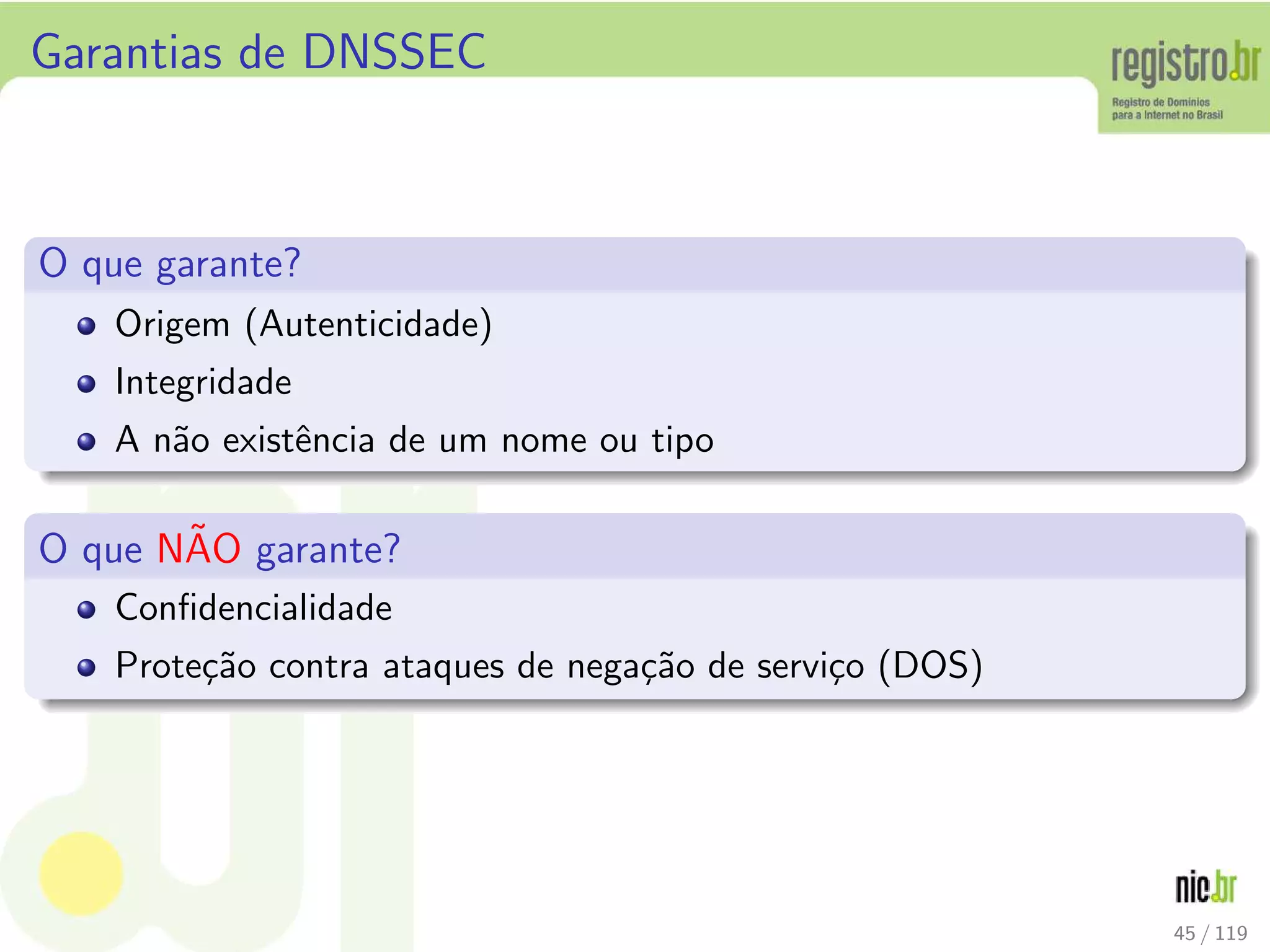 Garantias de DNSSEC
O que garante?
Origem (Autenticidade)
Integridade
A n˜ao existˆencia de um nome ou tipo
O que N˜AO garante?
Conﬁdencialidade
Prote¸c˜ao contra ataques de nega¸c˜ao de servi¸co (DOS)
45 / 119
 