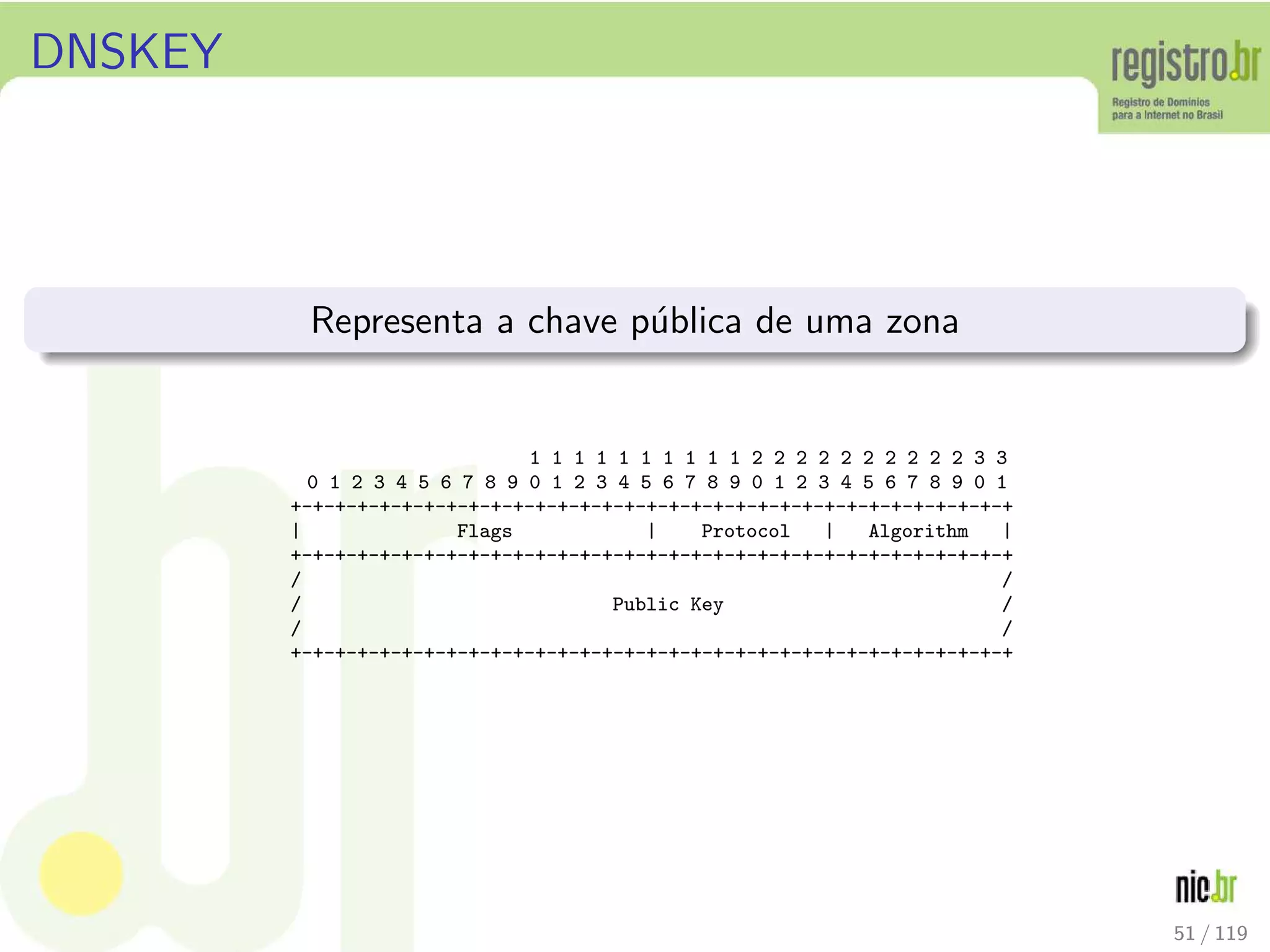 DNSKEY
Representa a chave p´ublica de uma zona
1 1 1 1 1 1 1 1 1 1 2 2 2 2 2 2 2 2 2 2 3 3
0 1 2 3 4 5 6 7 8 9 0 1 2 3 4 5 6 7 8 9 0 1 2 3 4 5 6 7 8 9 0 1
+-+-+-+-+-+-+-+-+-+-+-+-+-+-+-+-+-+-+-+-+-+-+-+-+-+-+-+-+-+-+-+-+
| Flags | Protocol | Algorithm |
+-+-+-+-+-+-+-+-+-+-+-+-+-+-+-+-+-+-+-+-+-+-+-+-+-+-+-+-+-+-+-+-+
/ /
/ Public Key /
/ /
+-+-+-+-+-+-+-+-+-+-+-+-+-+-+-+-+-+-+-+-+-+-+-+-+-+-+-+-+-+-+-+-+
51 / 119
 