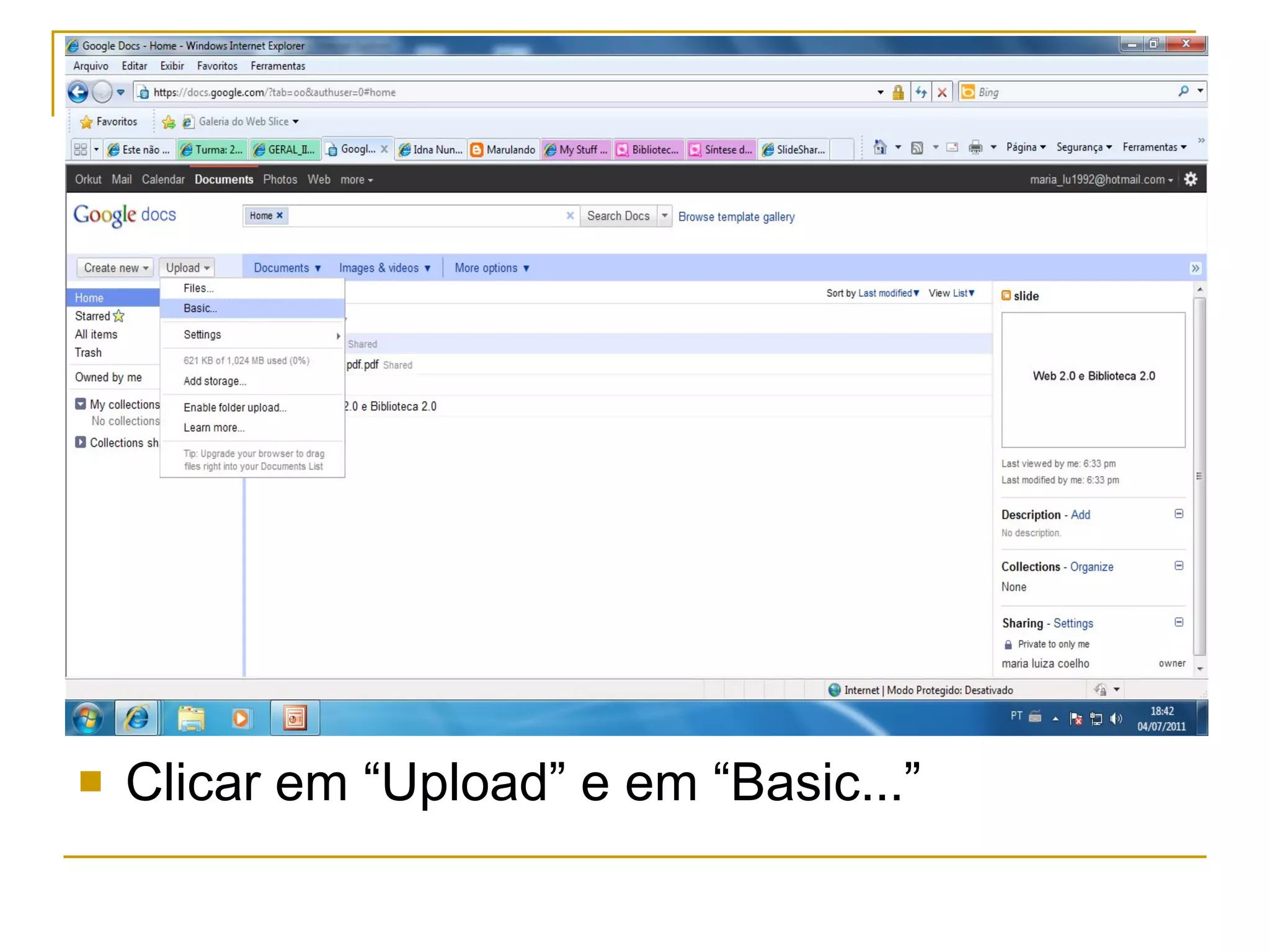 Clicar em “Upload” e em “Basic...”