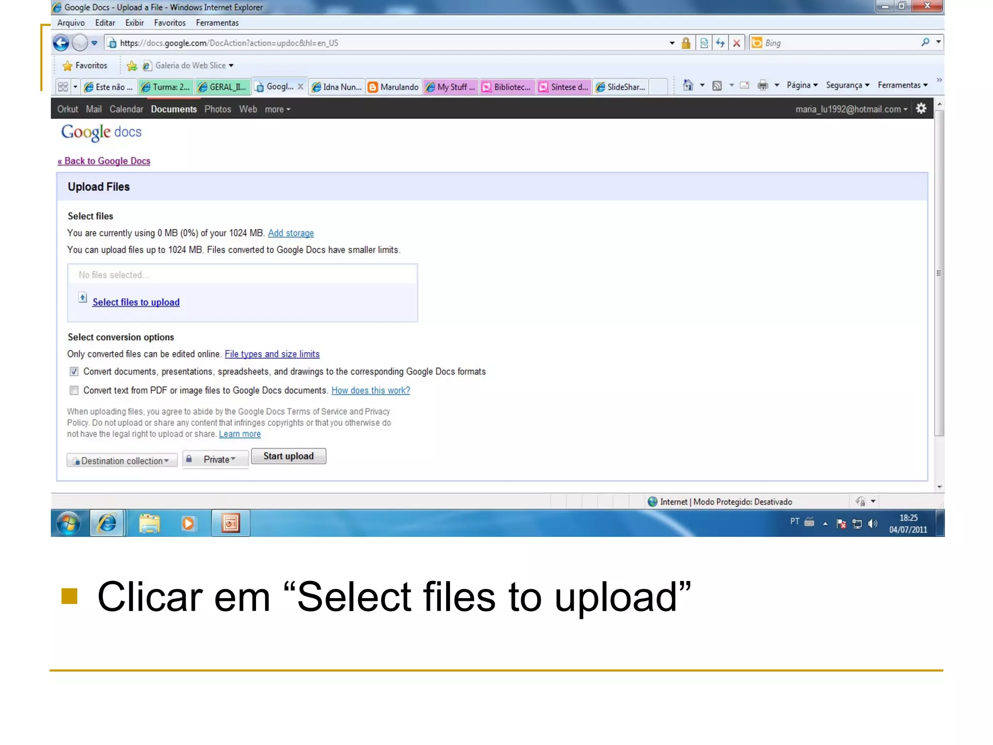 Clicar em “Select files to upload”