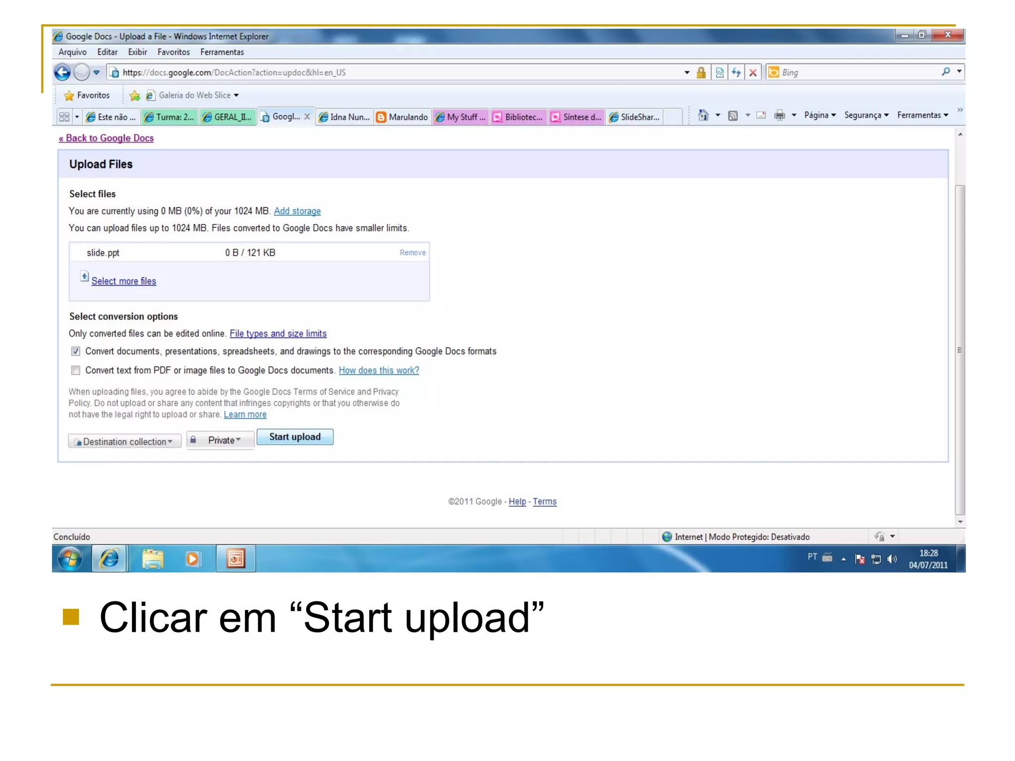 Clicar em “Start upload”