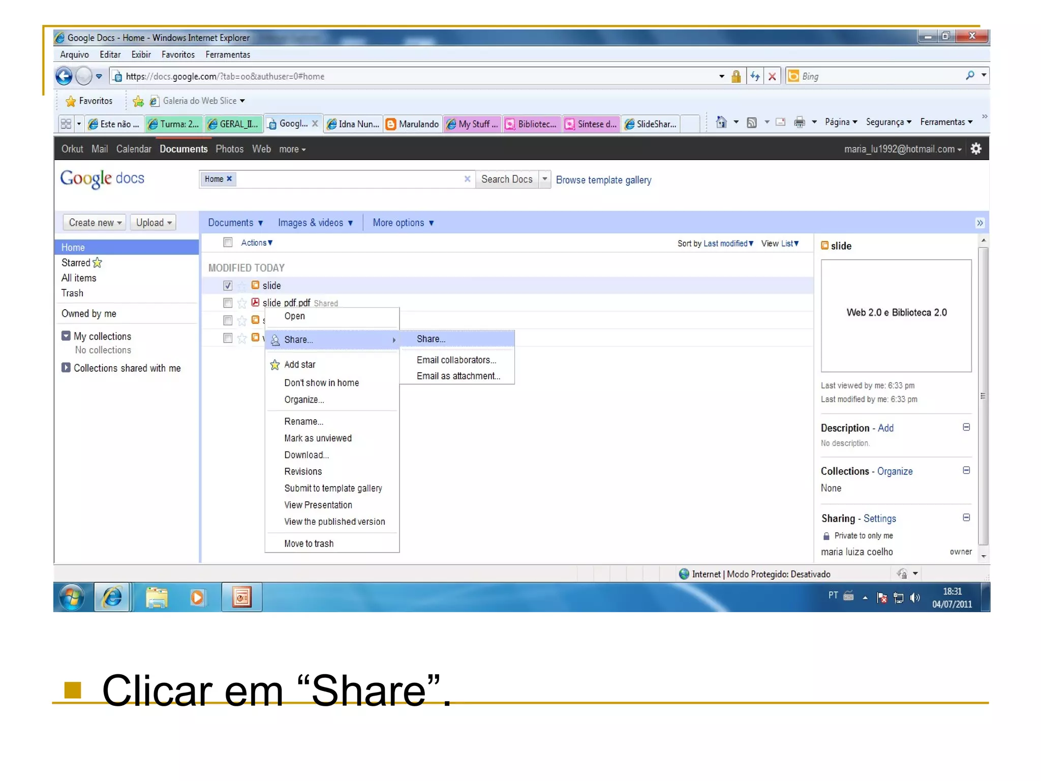 Clicar em “Share”.