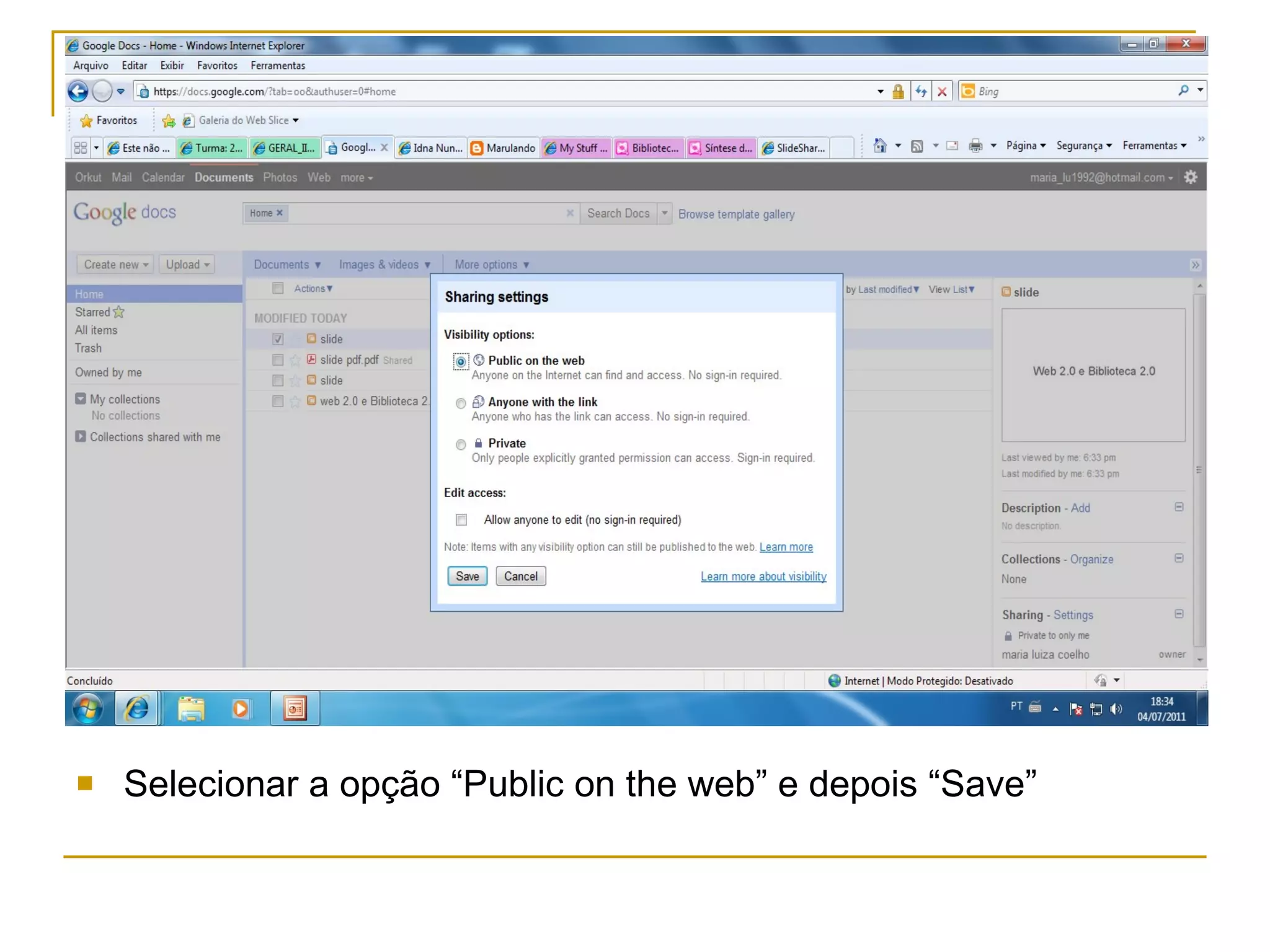 Selecionar a opção “Public on the web” e depois “Save”
