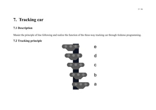 37 / 98
7. Tracking car
7.1 Description
Master the principle of line following and realize the function of the three-way tracking car through Arduino programming.
7.2 Tracking principle
 