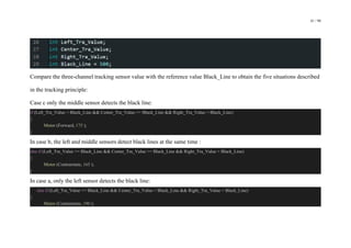 41 / 98
Compare the three-channel tracking sensor value with the reference value Black_Line to obtain the five situations described
in the tracking principle:
Case c only the middle sensor detects the black line:
if (Left_Tra_Value < Black_Line && Center_Tra_Value >= Black_Line && Right_Tra_Value < Black_Line)
{
Motor (Forward, 175 );
}
In case b, the left and middle sensors detect black lines at the same time :
else if (Left_Tra_Value >= Black_Line && Center_Tra_Value >= Black_Line && Right_Tra_Value < Black_Line)
{
Motor (Contrarotate, 165 );
}
In case a, only the left sensor detects the black line:
else if (Left_Tra_Value >= Black_Line && Center_Tra_Value < Black_Line && Right_Tra_Value < Black_Line)
{
Motor (Contrarotate, 190 );
 