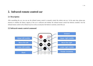5 / 98
2. Infrared remote control car
2.1 Description
After assembling the car, you can use the infrared remote control to remotely control the robotic arm car. At the same time, please pay
attention to whether the battery capacity of the car is sufficient and whether the infrared remote control has batteries installed. Aim the
infrared remote control at the infrared receiver on the car and press the button to remotely control the car.
2.2 Infrared remote control command
 