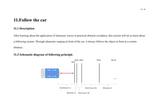 56 / 98
11.Follow the car
11.1 Description
After learning about the application of ultrasonic waves in practical obstacle avoidance, this section will let us learn about
a following system. Through ultrasonic ranging in front of the car, it always follows the object in front at a certain
distance.
11.2 Schematic diagram of following principle
 