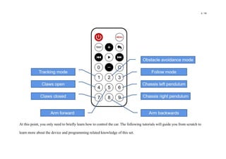 6 / 98
At this point, you only need to briefly learn how to control the car. The following tutorials will guide you from scratch to
learn more about the device and programming related knowledge of this set.
 