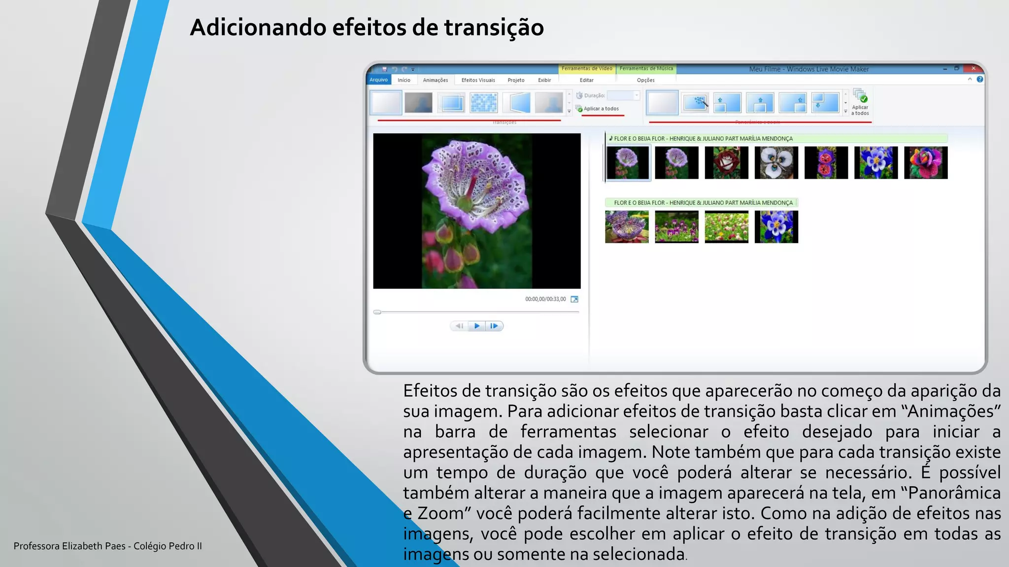 Efeitos de transição são os efeitos que aparecerão no começo da aparição da
sua imagem. Para adicionar efeitos de transição basta clicar em “Animações”
na barra de ferramentas selecionar o efeito desejado para iniciar a
apresentação de cada imagem. Note também que para cada transição existe
um tempo de duração que você poderá alterar se necessário. É possível
também alterar a maneira que a imagem aparecerá na tela, em “Panorâmica
e Zoom” você poderá facilmente alterar isto. Como na adição de efeitos nas
imagens, você pode escolher em aplicar o efeito de transição em todas as
imagens ou somente na selecionada.
Adicionando efeitos de transição
Professora Elizabeth Paes - Colégio Pedro II
 