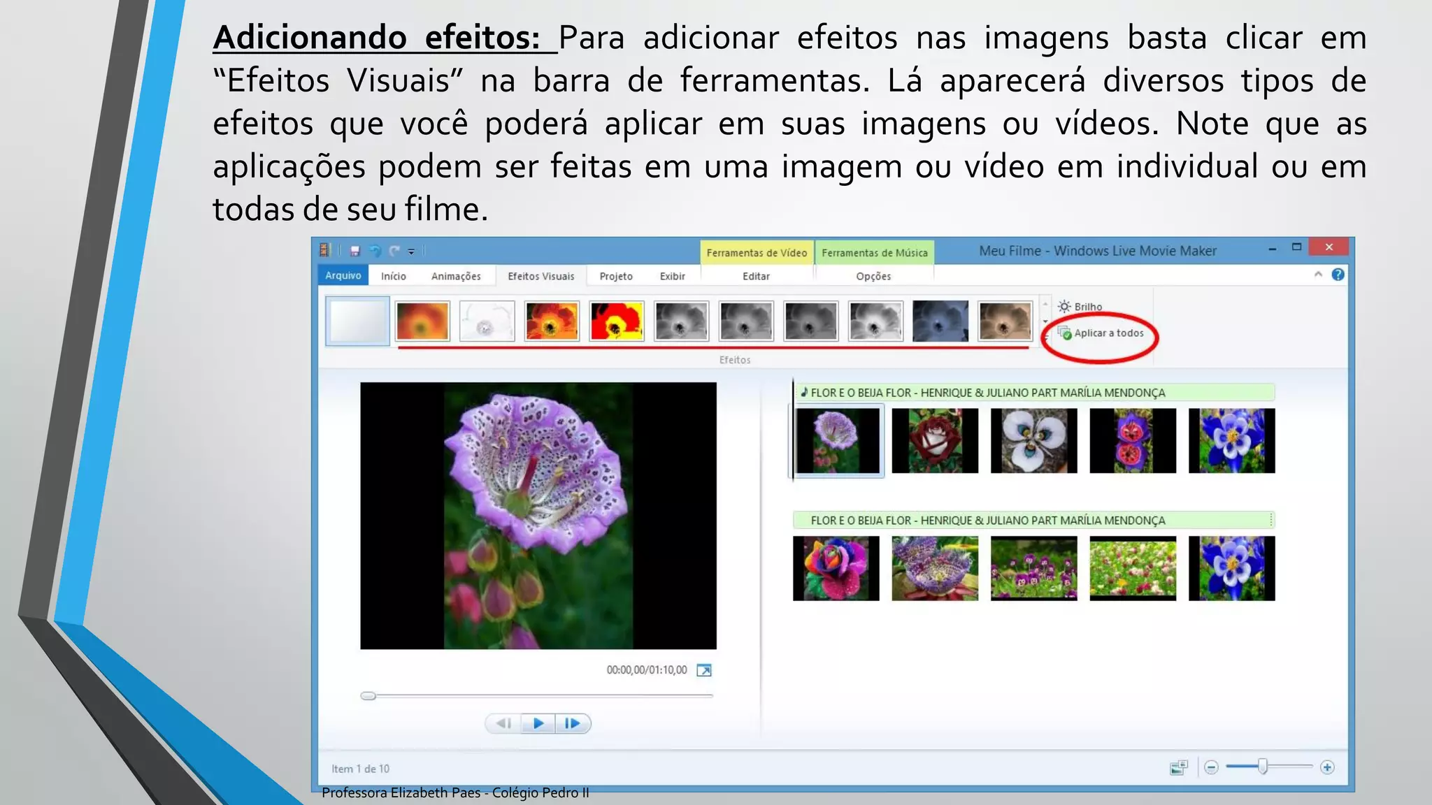 Adicionando efeitos: Para adicionar efeitos nas imagens basta clicar em
“Efeitos Visuais” na barra de ferramentas. Lá aparecerá diversos tipos de
efeitos que você poderá aplicar em suas imagens ou vídeos. Note que as
aplicações podem ser feitas em uma imagem ou vídeo em individual ou em
todas de seu filme.
Professora Elizabeth Paes - Colégio Pedro II
 