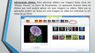 Adicionando efeitos: Para adicionar efeitos nas imagens basta clicar em
“Efeitos Visuais” na barra de ferramentas. Lá aparecerá diversos tipos de
efeitos que você poderá aplicar em suas imagens ou vídeos. Note que as
aplicações podem ser feitas em uma imagem ou vídeo em individual ou em
todas de seu filme.
Professora Elizabeth Paes - Colégio Pedro II
 