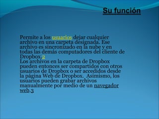 Permite a los usuarios dejar cualquier 
archivo en una carpeta designada. Ese 
archivo es sincronizado en la nube y en 
todas las demás computadores del cliente de 
Dropbox.2 
Los archivos en la carpeta de Dropbox 
pueden entonces ser compartidos con otros 
usuarios de Dropbox o ser accedidos desde 
la página Web de Dropbox. Asimismo, los 
usuarios pueden grabar archivos 
manualmente por medio de un navegador 
web.3 
 