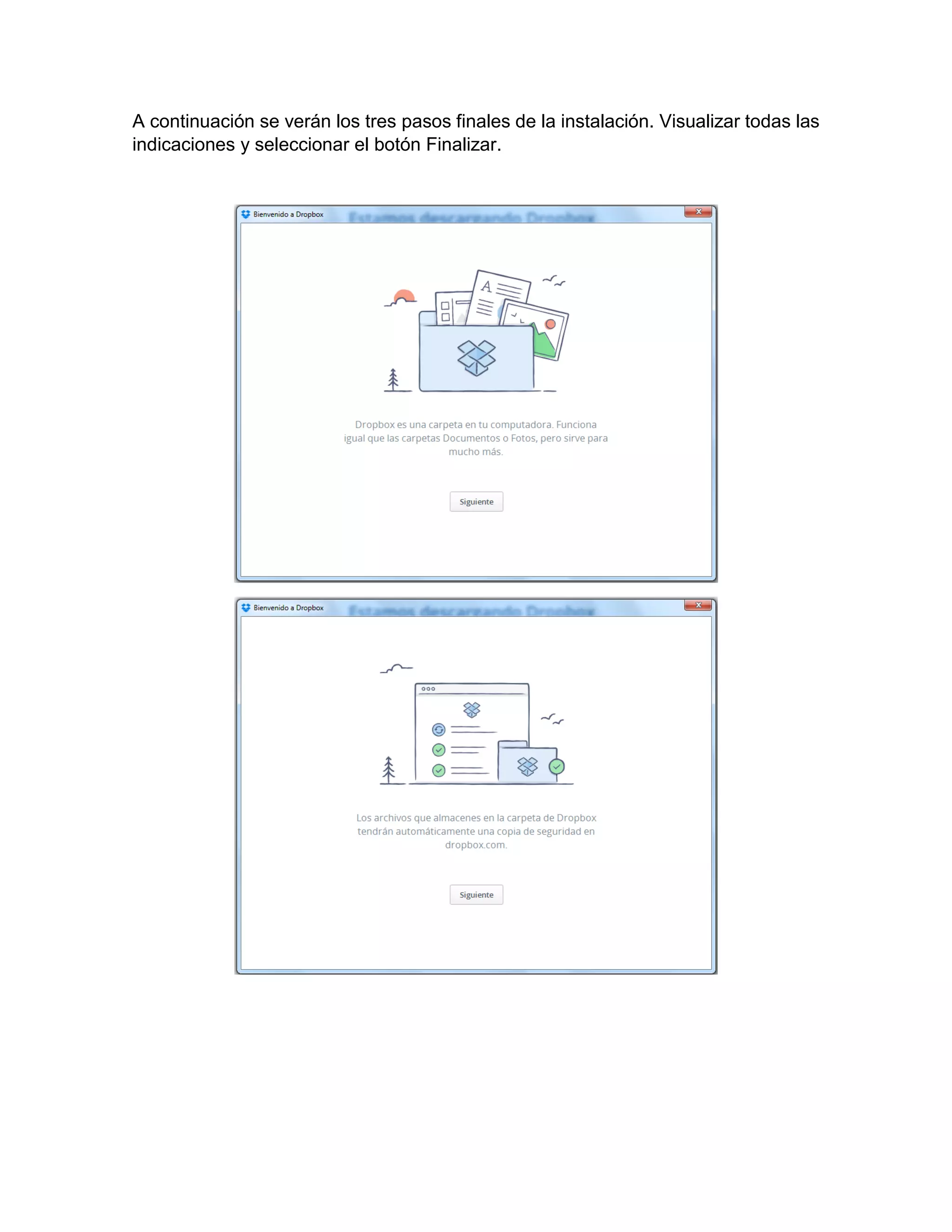 A continuación se verán los tres pasos finales de la instalación. Visualizar todas las
indicaciones y seleccionar el botón Finalizar.
 