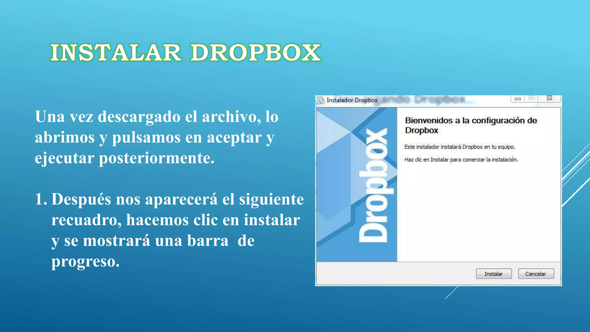 Una vez descargado el archivo, lo
abrimos y pulsamos en aceptar y
ejecutar posteriormente.
1. Después nos aparecerá el siguiente
recuadro, hacemos clic en instalar
y se mostrará una barra de
progreso.
 