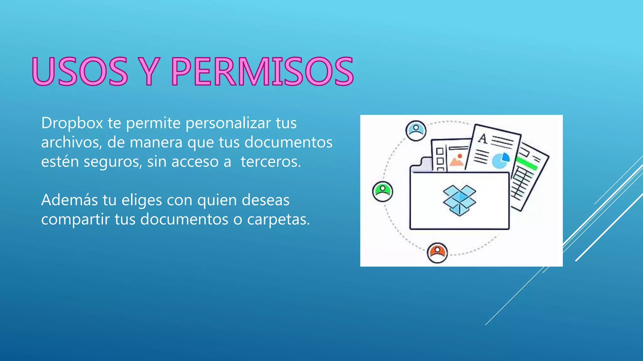 Dropbox te permite personalizar tus
archivos, de manera que tus documentos
estén seguros, sin acceso a terceros.
Además tu eliges con quien deseas
compartir tus documentos o carpetas.
 