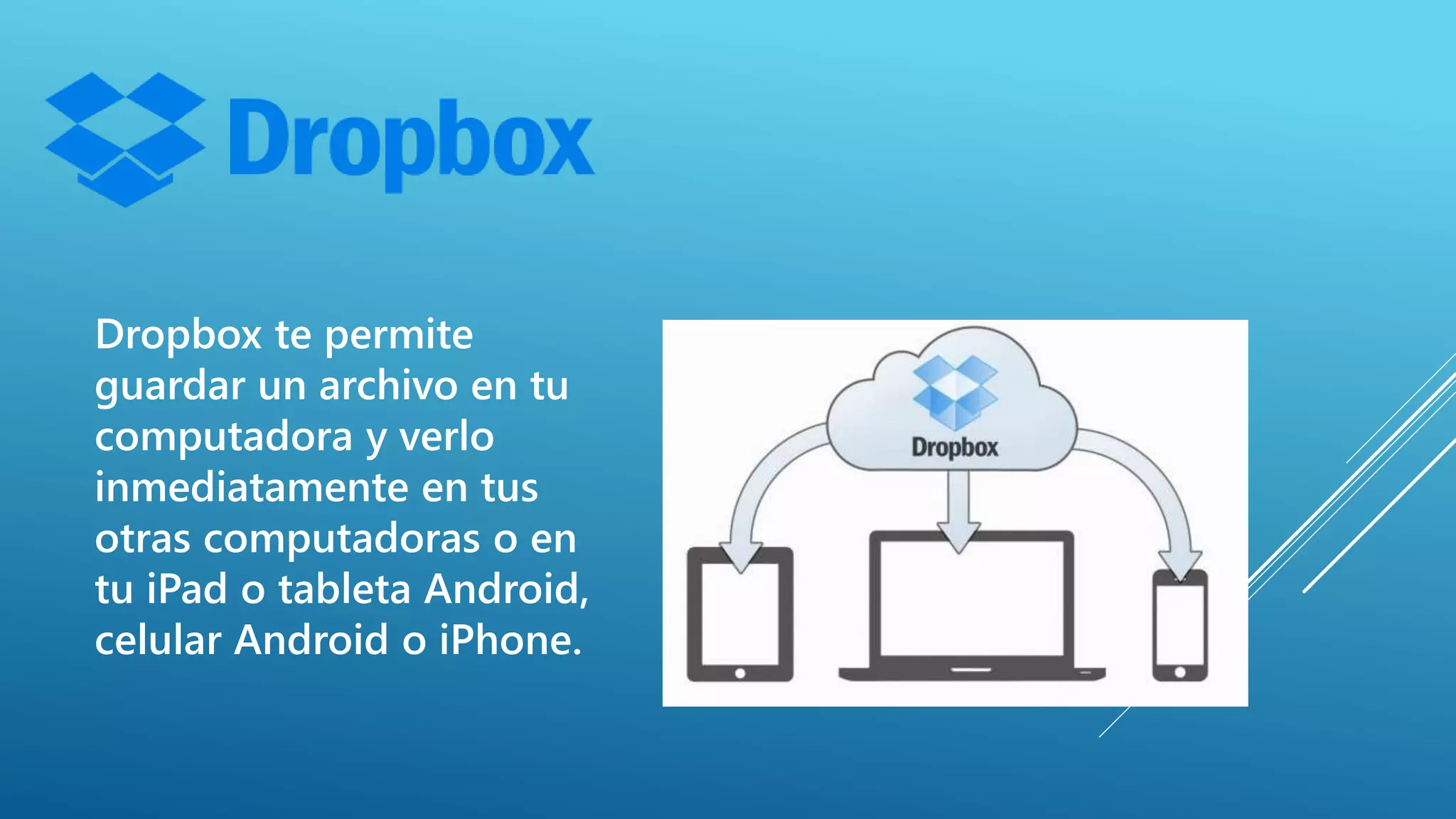 Dropbox te permite
guardar un archivo en tu
computadora y verlo
inmediatamente en tus
otras computadoras o en
tu iPad o tableta Android,
celular Android o iPhone.
 
