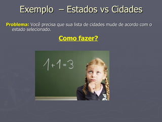 Exemplo  – Estados vs Cidades Problema:  Você precisa que sua lista de cidades mude de acordo com o estado selecionado. Como fazer? 