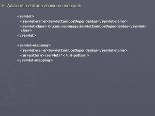 Crie a classe Cidade package br.com.neoimage.localizacao; import java.util.ArrayList; import java.util.List; public class Cidade { private Integer codigo; private String nome; public List<Cidade> listar(Estado estado) { List<Cidade> listaCidades = new ArrayList<Cidade>(); Cidade cidade = new Cidade(); if (estado.getCodigo().equals(24)) { cidade.setCodigo(1); cidade.setNome("ANGRA DOS REIS"); listaCidades.add(cidade); cidade = new Cidade(); cidade.setCodigo(2); cidade.setNome("APERIBÉ"); listaCidades.add(cidade); listaCidades.add(cidade); } else if (estado.getCodigo().equals(12)) { cidade.setCodigo(21); cidade.setNome("PRESIDENTE PRUDENTE"); listaCidades.add(cidade); cidade = new Cidade(); cidade.setCodigo(22); cidade.setNome("ADAMANTINA"); listaCidades.add(cidade); listaCidades.add(cidade); }  return listaCidades; } // getters e setters... } 