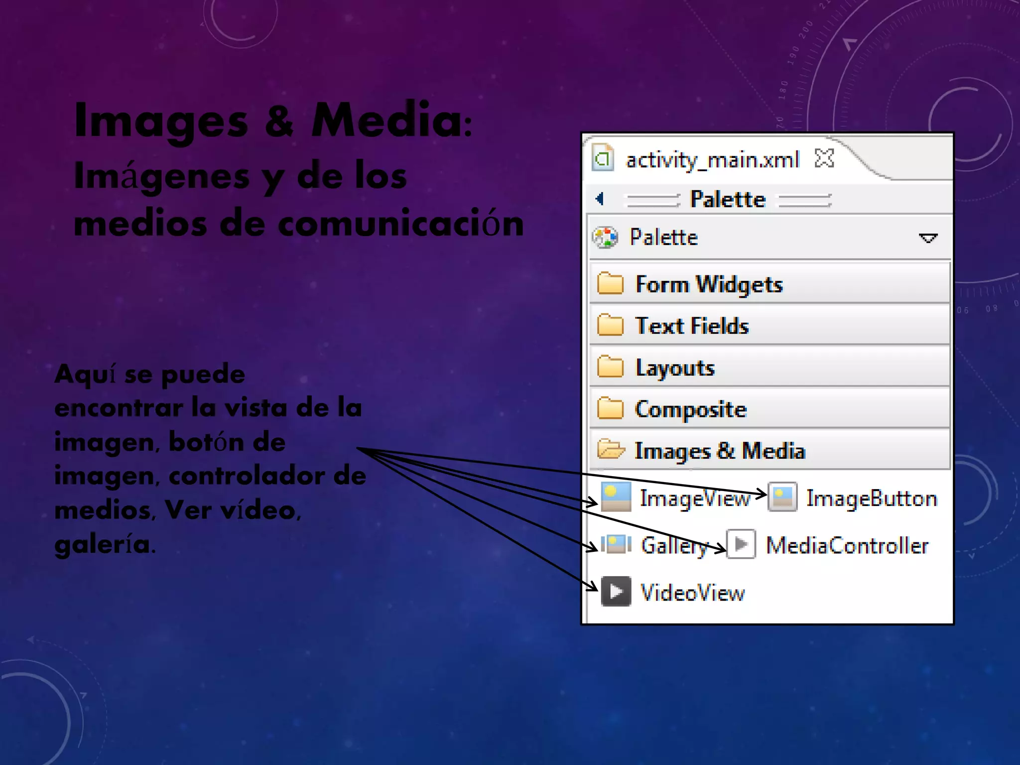 Images & Media:
Imágenes y de los
medios de comunicación
Aquí se puede
encontrar la vista de la
imagen, botón de
imagen, controlador de
medios, Ver vídeo,
galería.
 