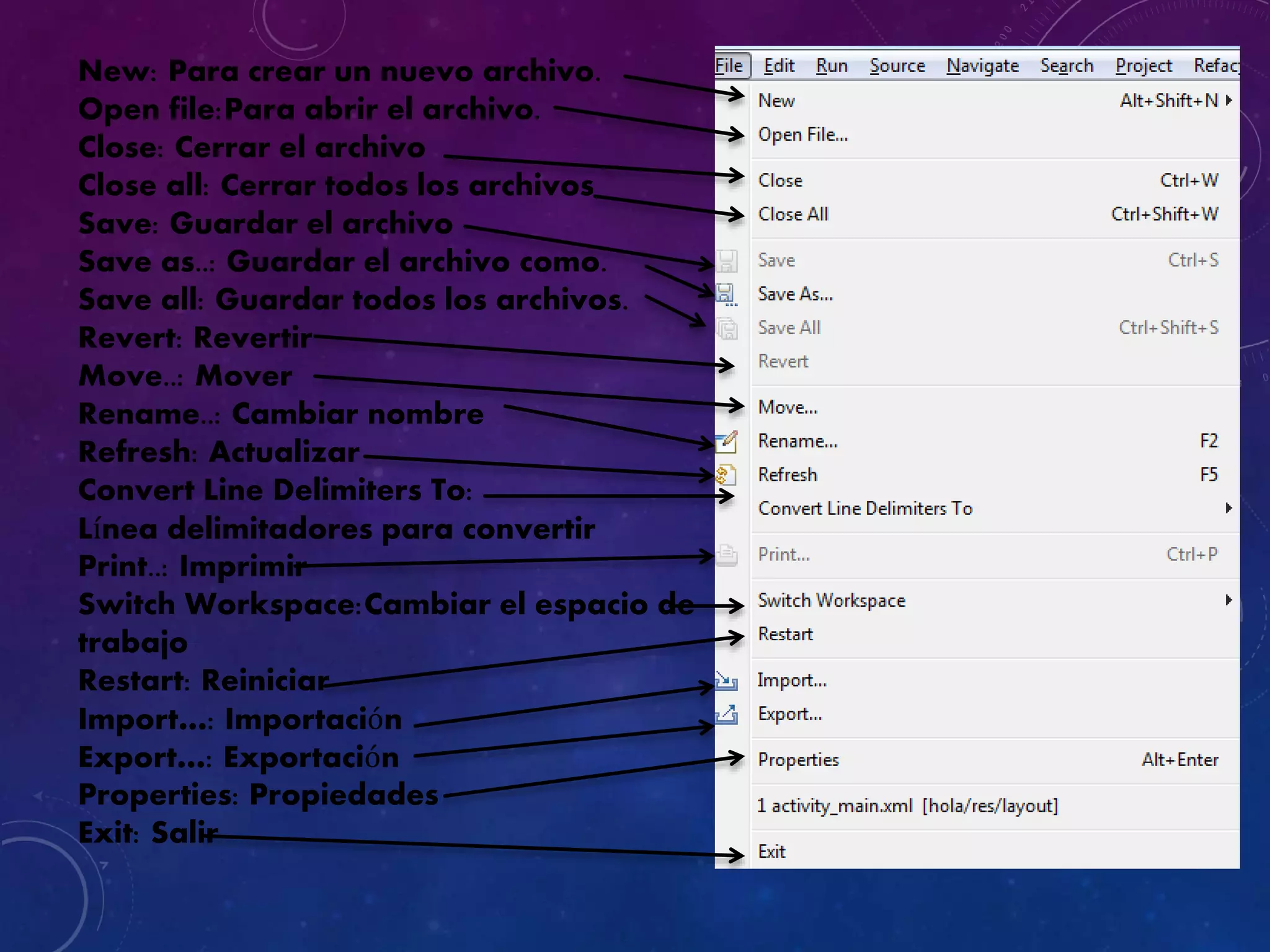 New: Para crear un nuevo archivo.
Open file:Para abrir el archivo.
Close: Cerrar el archivo
Close all: Cerrar todos los archivos
Save: Guardar el archivo
Save as..: Guardar el archivo como.
Save all: Guardar todos los archivos.
Revert: Revertir
Move..: Mover
Rename..: Cambiar nombre
Refresh: Actualizar
Convert Line Delimiters To:
Línea delimitadores para convertir
Print..: Imprimir
Switch Workspace:Cambiar el espacio de
trabajo
Restart: Reiniciar
Import…: Importación
Export…: Exportación
Properties: Propiedades
Exit: Salir
 