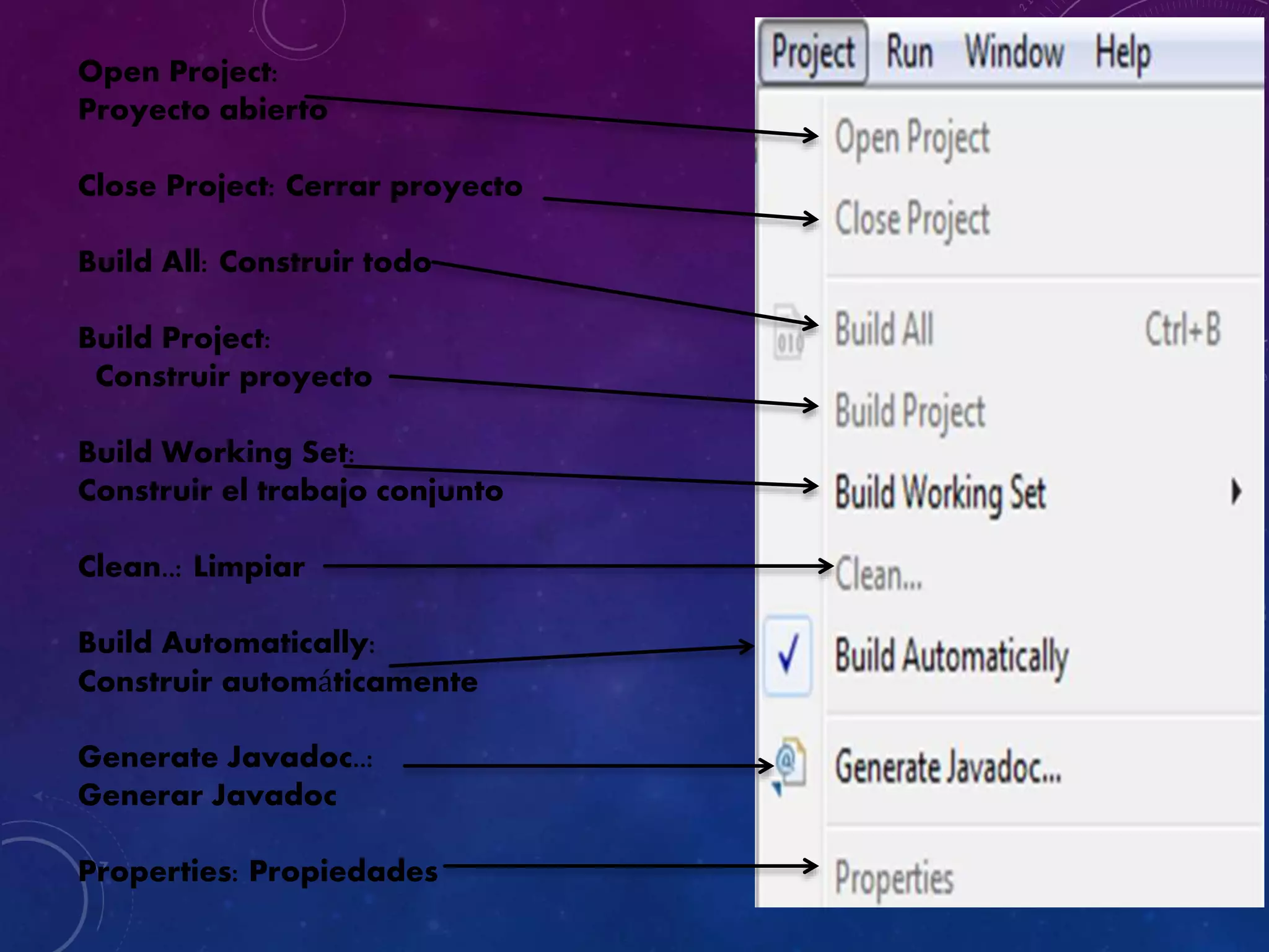 Open Project:
Proyecto abierto
Close Project: Cerrar proyecto
Build All: Construir todo
Build Project:
Construir proyecto
Build Working Set:
Construir el trabajo conjunto
Clean..: Limpiar
Build Automatically:
Construir automáticamente
Generate Javadoc..:
Generar Javadoc
Properties: Propiedades
 