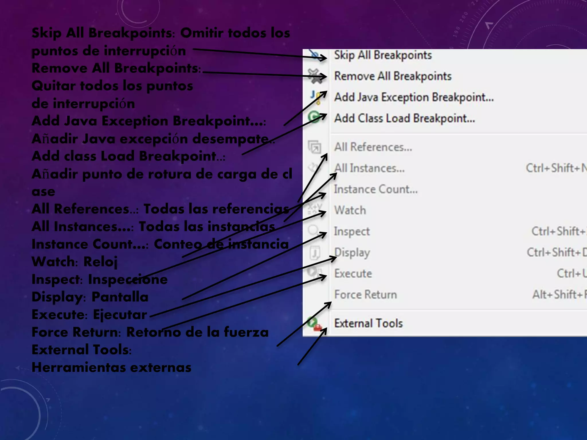 Skip All Breakpoints: Omitir todos los
puntos de interrupción
Remove All Breakpoints:
Quitar todos los puntos
de interrupción
Add Java Exception Breakpoint…:
Añadir Java excepción desempate..
Add class Load Breakpoint..:
Añadir punto de rotura de carga de cl
ase
All References..: Todas las referencias
All Instances…: Todas las instancias
Instance Count…: Conteo de instancia
Watch: Reloj
Inspect: Inspeccione
Display: Pantalla
Execute: Ejecutar
Force Return: Retorno de la fuerza
External Tools:
Herramientas externas
 