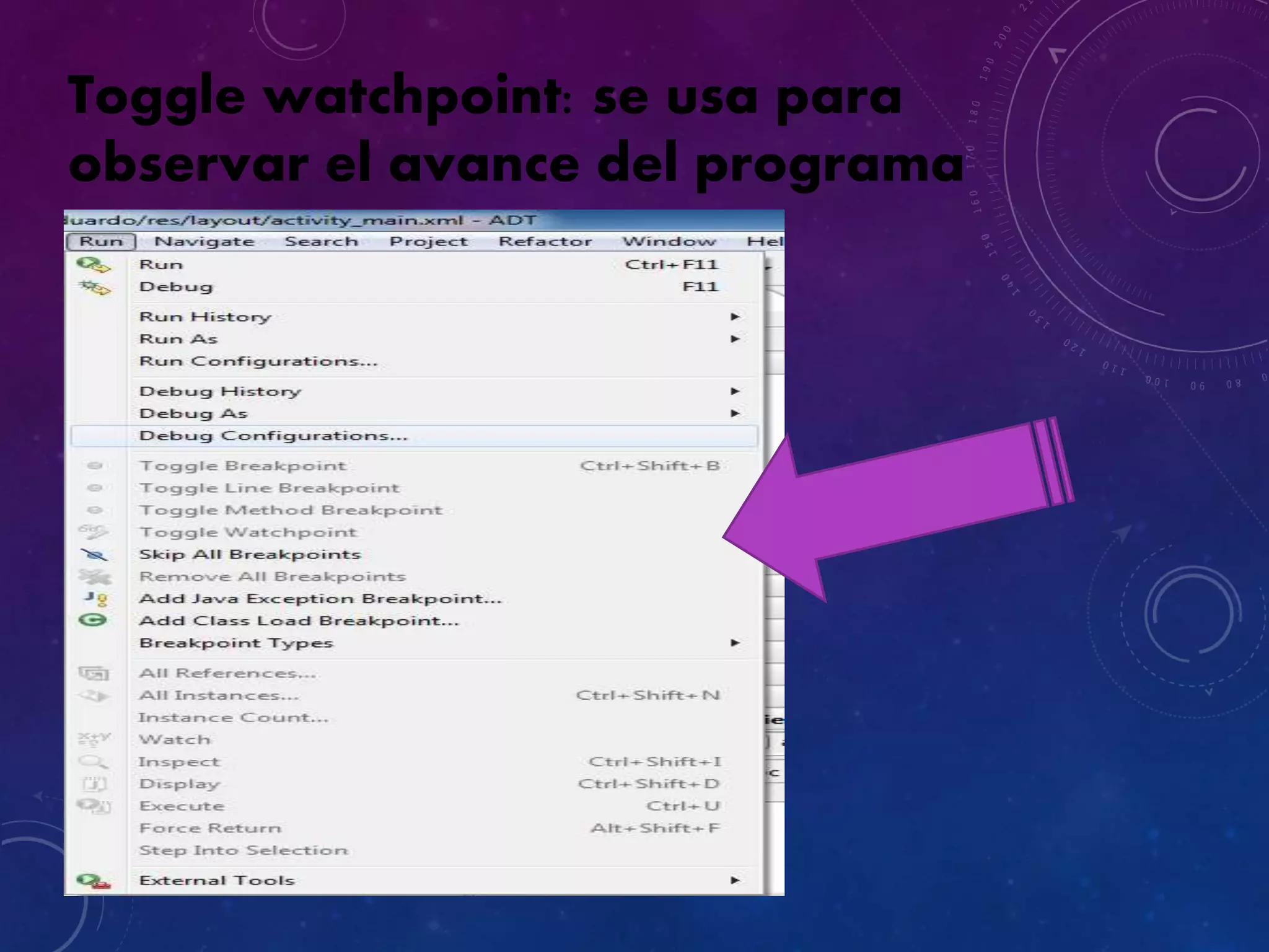 Toggle watchpoint: se usa para
observar el avance del programa
 