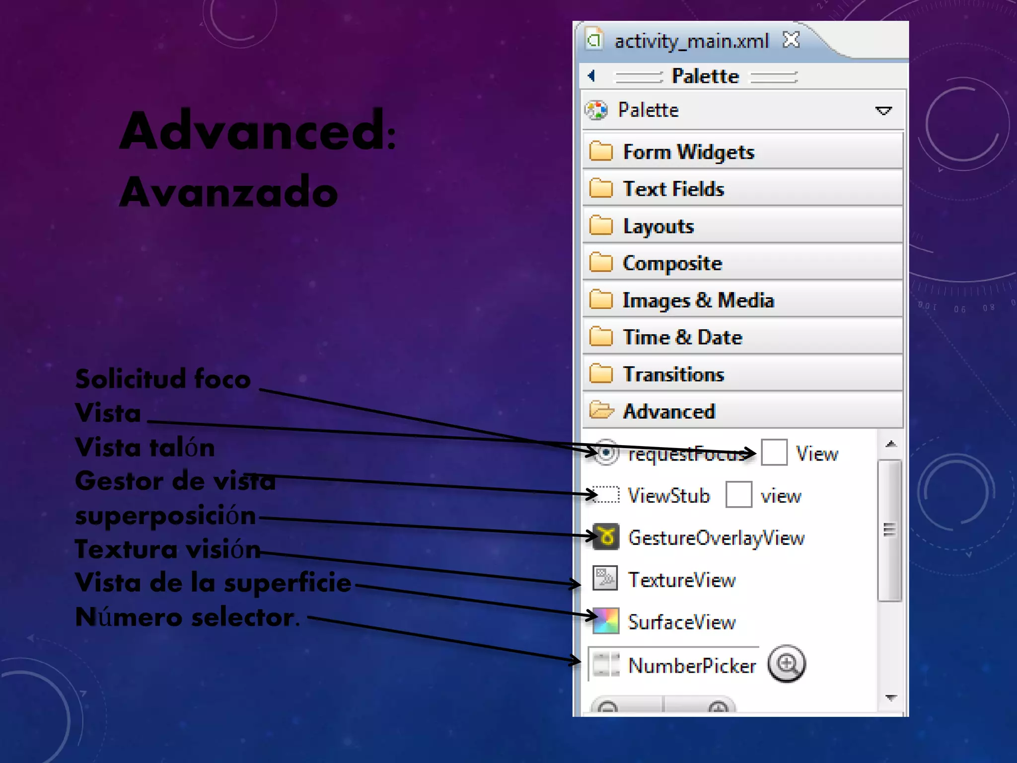 Advanced:
Avanzado
Solicitud foco
Vista
Vista talón
Gestor de vista
superposición
Textura visión
Vista de la superficie
Número selector.
 