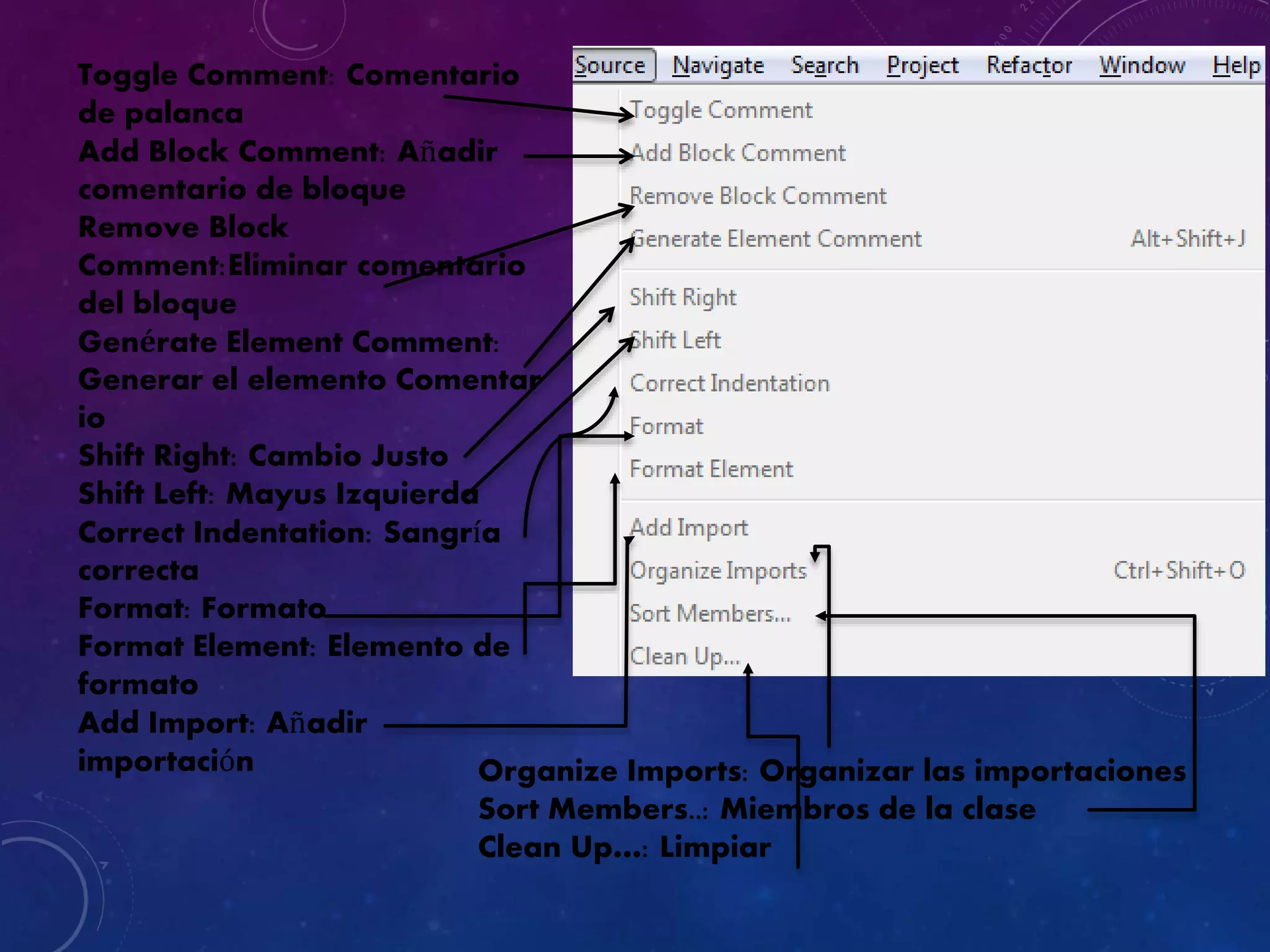 Toggle Comment: Comentario
de palanca
Add Block Comment: Añadir
comentario de bloque
Remove Block
Comment:Eliminar comentario
del bloque
Genérate Element Comment:
Generar el elemento Comentar
io
Shift Right: Cambio Justo
Shift Left: Mayus Izquierda
Correct Indentation: Sangría
correcta
Format: Formato
Format Element: Elemento de
formato
Add Import: Añadir
importación Organize Imports: Organizar las importaciones
Sort Members..: Miembros de la clase
Clean Up…: Limpiar
 