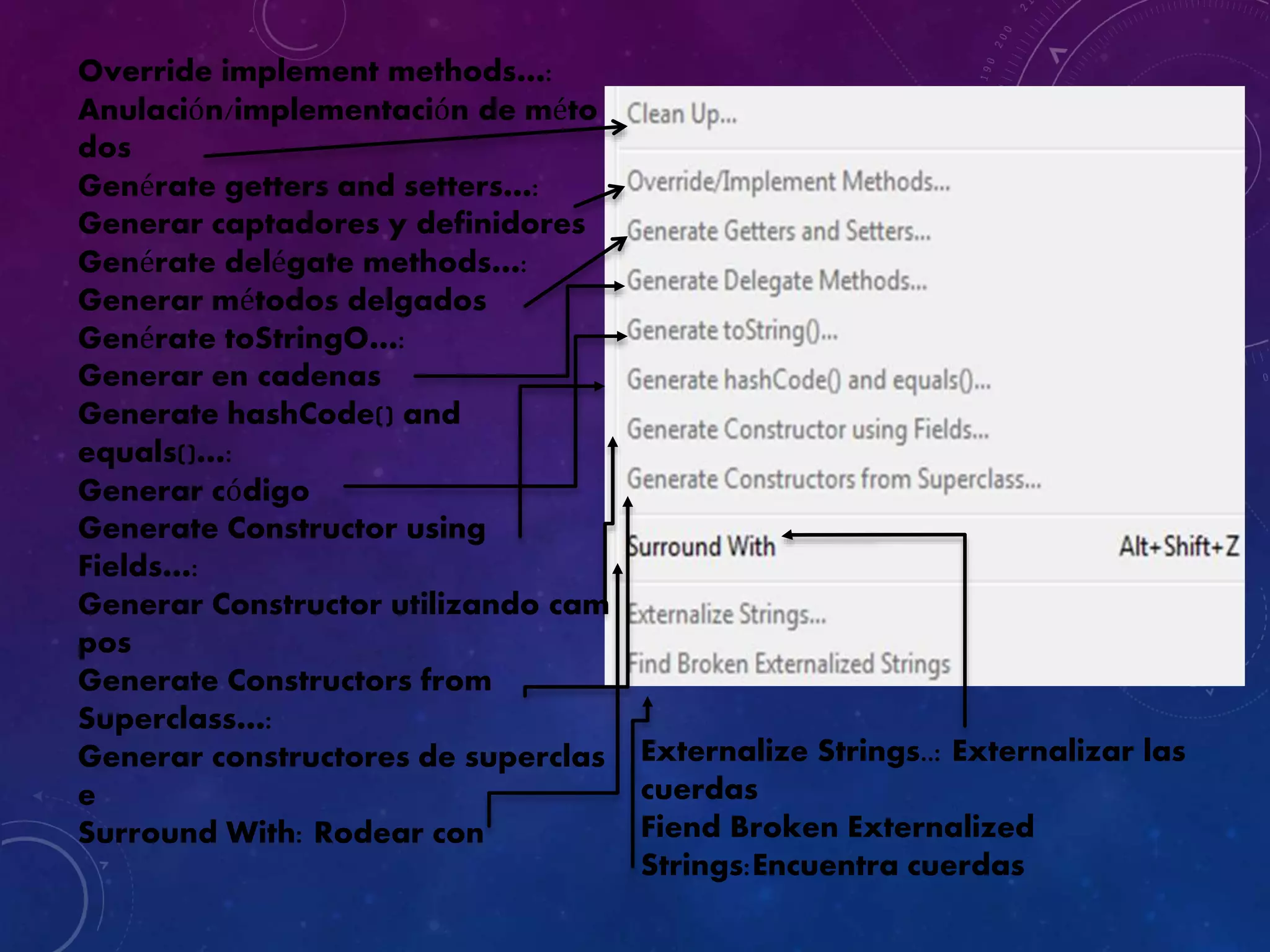 Override implement methods…:
Anulación/implementación de méto
dos
Genérate getters and setters…:
Generar captadores y definidores
Genérate delégate methods…:
Generar métodos delgados
Genérate toStringO…:
Generar en cadenas
Generate hashCode() and
equals()…:
Generar código
Generate Constructor using
Fields…:
Generar Constructor utilizando cam
pos
Generate Constructors from
Superclass…:
Generar constructores de superclas
e
Surround With: Rodear con
Externalize Strings..: Externalizar las
cuerdas
Fiend Broken Externalized
Strings:Encuentra cuerdas
 
