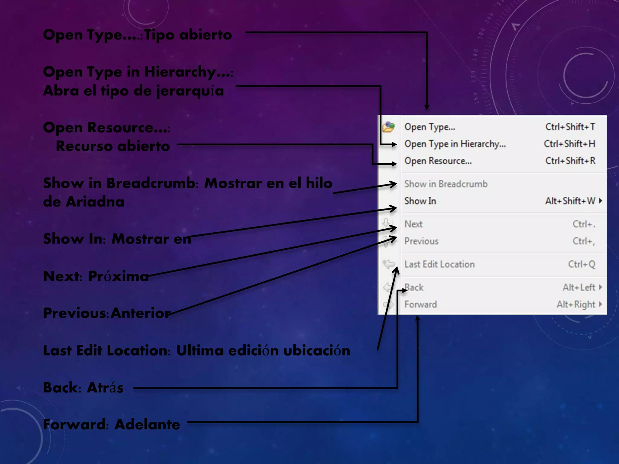 Open Type….:Tipo abierto
Open Type in Hierarchy…:
Abra el tipo de jerarquía
Open Resource…:
Recurso abierto
Show in Breadcrumb: Mostrar en el hilo
de Ariadna
Show In: Mostrar en
Next: Próxima
Previous:Anterior
Last Edit Location: Ultima edición ubicación
Back: Atrás
Forward: Adelante
 
