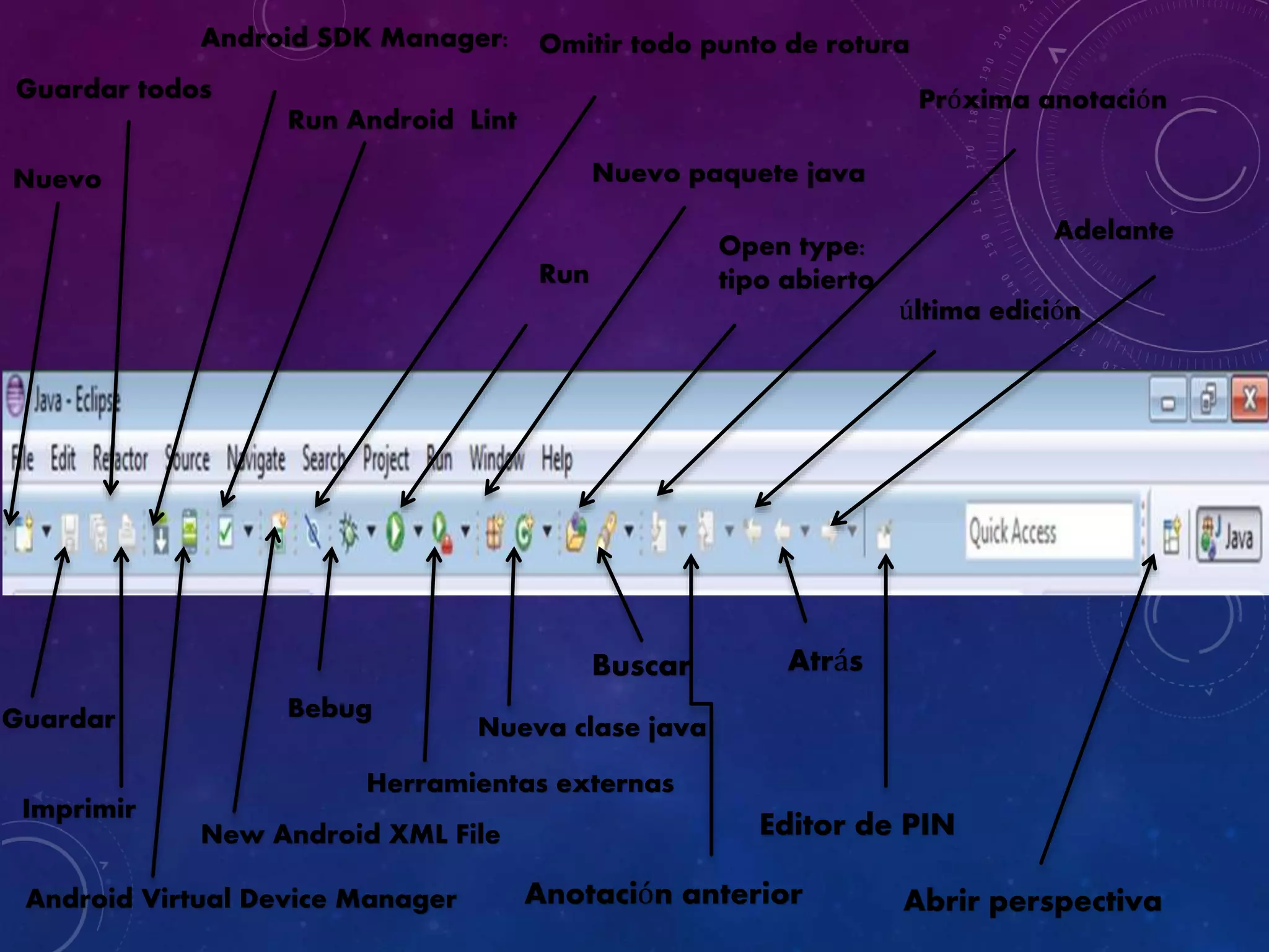Nuevo
Guardar
Guardar todos
Imprimir
Android SDK Manager:
Android Virtual Device Manager
Run Android Lint
New Android XML File
Omitir todo punto de rotura
Bebug
Run
Herramientas externas
Nuevo paquete java
Nueva clase java
Open type:
tipo abierto
Buscar
Próxima anotación
Anotación anterior
última edición
Atrás
Adelante
Editor de PIN
Abrir perspectiva
 