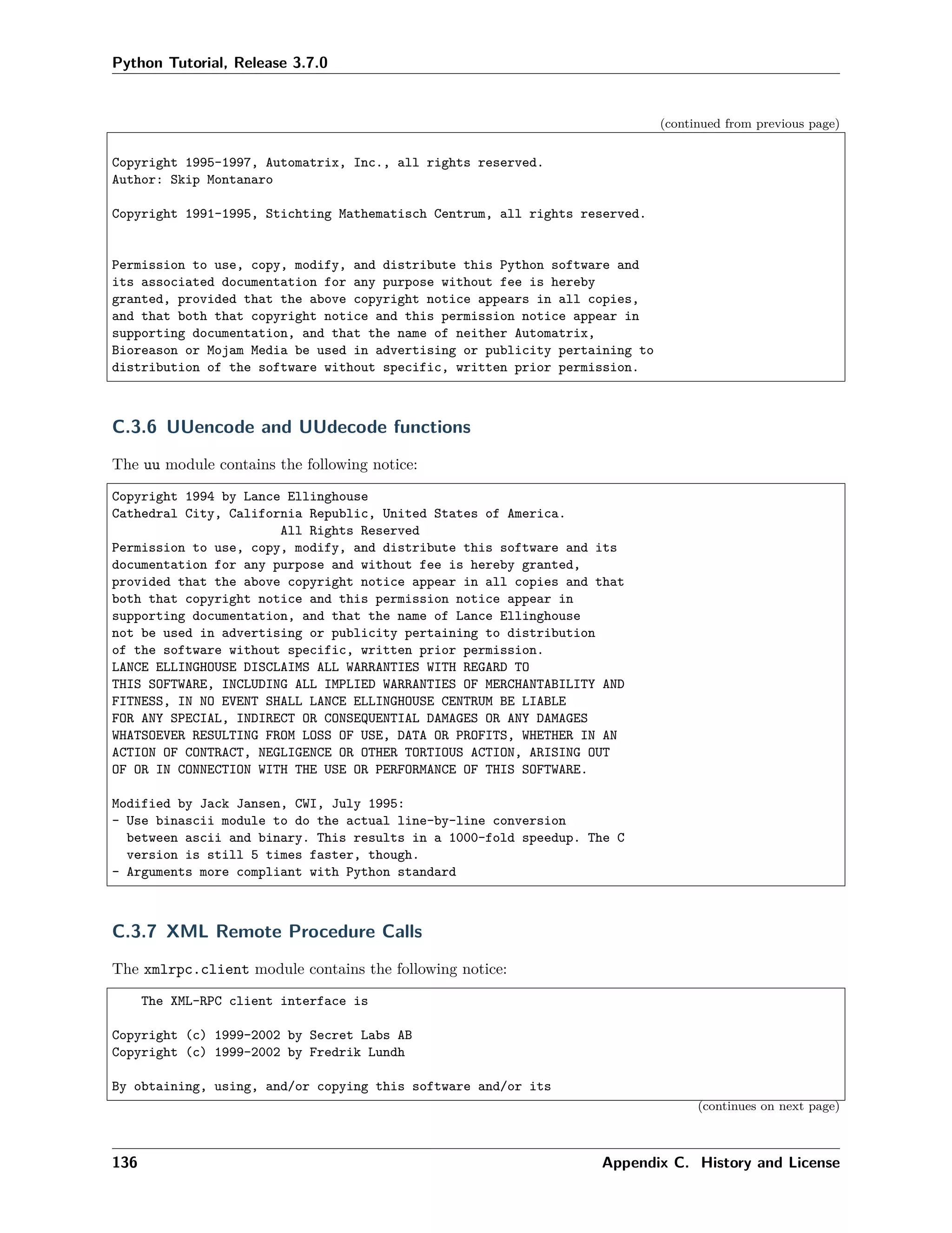 Python Tutorial, Release 3.7.0
(continued from previous page)
Copyright 1995-1997, Automatrix, Inc., all rights reserved.
Author: Skip Montanaro
Copyright 1991-1995, Stichting Mathematisch Centrum, all rights reserved.
Permission to use, copy, modify, and distribute this Python software and
its associated documentation for any purpose without fee is hereby
granted, provided that the above copyright notice appears in all copies,
and that both that copyright notice and this permission notice appear in
supporting documentation, and that the name of neither Automatrix,
Bioreason or Mojam Media be used in advertising or publicity pertaining to
distribution of the software without specific, written prior permission.
C.3.6 UUencode and UUdecode functions
The uu module contains the following notice:
Copyright 1994 by Lance Ellinghouse
Cathedral City, California Republic, United States of America.
All Rights Reserved
Permission to use, copy, modify, and distribute this software and its
documentation for any purpose and without fee is hereby granted,
provided that the above copyright notice appear in all copies and that
both that copyright notice and this permission notice appear in
supporting documentation, and that the name of Lance Ellinghouse
not be used in advertising or publicity pertaining to distribution
of the software without specific, written prior permission.
LANCE ELLINGHOUSE DISCLAIMS ALL WARRANTIES WITH REGARD TO
THIS SOFTWARE, INCLUDING ALL IMPLIED WARRANTIES OF MERCHANTABILITY AND
FITNESS, IN NO EVENT SHALL LANCE ELLINGHOUSE CENTRUM BE LIABLE
FOR ANY SPECIAL, INDIRECT OR CONSEQUENTIAL DAMAGES OR ANY DAMAGES
WHATSOEVER RESULTING FROM LOSS OF USE, DATA OR PROFITS, WHETHER IN AN
ACTION OF CONTRACT, NEGLIGENCE OR OTHER TORTIOUS ACTION, ARISING OUT
OF OR IN CONNECTION WITH THE USE OR PERFORMANCE OF THIS SOFTWARE.
Modified by Jack Jansen, CWI, July 1995:
- Use binascii module to do the actual line-by-line conversion
between ascii and binary. This results in a 1000-fold speedup. The C
version is still 5 times faster, though.
- Arguments more compliant with Python standard
C.3.7 XML Remote Procedure Calls
The xmlrpc.client module contains the following notice:
The XML-RPC client interface is
Copyright (c) 1999-2002 by Secret Labs AB
Copyright (c) 1999-2002 by Fredrik Lundh
By obtaining, using, and/or copying this software and/or its
(continues on next page)
136 Appendix C. History and License
 