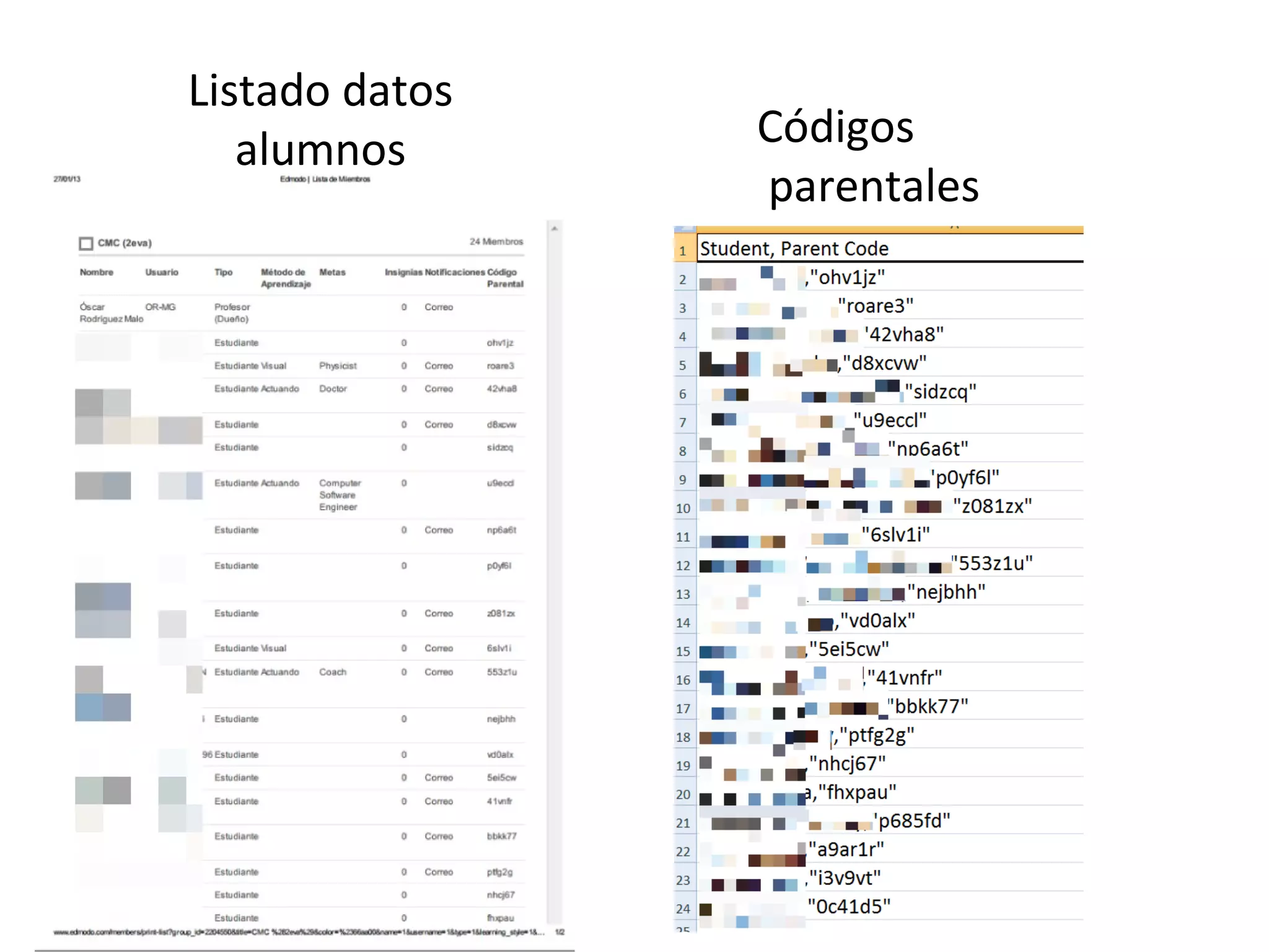 Listado datos
   alumnos      Códigos
                parentales
 