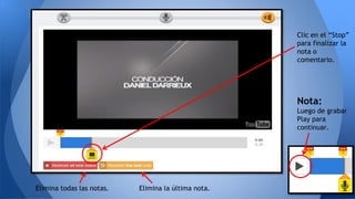 Clic en el “Stop”
para finalizar la
nota o
comentario.
Elimina todas las notas. Elimina la última nota.
Nota:
Luego de grabar
Play para
continuar.
 